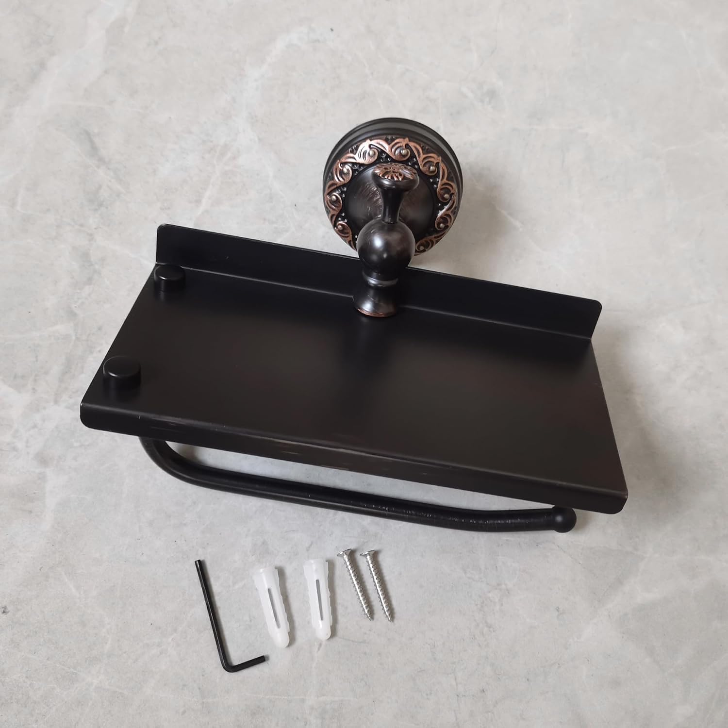 Oil Rubble Bronze Brass Bath Toilet Paper Holder with Phone Shelf, Wall Mounted Black Bathroom Hardware Accessories