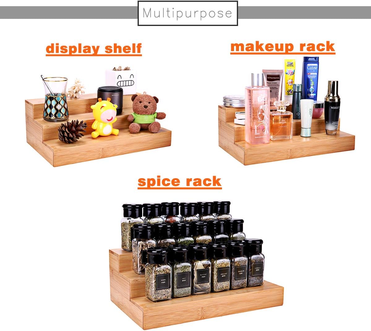 Bamboo Spice Rack Organizer for Cabinet 3 Tier Countertop Step Spice Shelf for Kitchen Storage and Organizer, Step