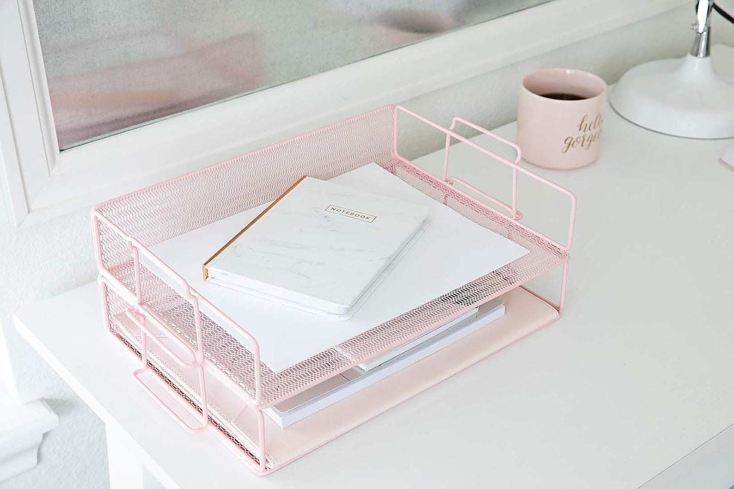 BLU MONACO | Paper Tray Stackable Pink Mesh Set of 2 | Stackable File Trays for Desk Organization | Tiered Desk