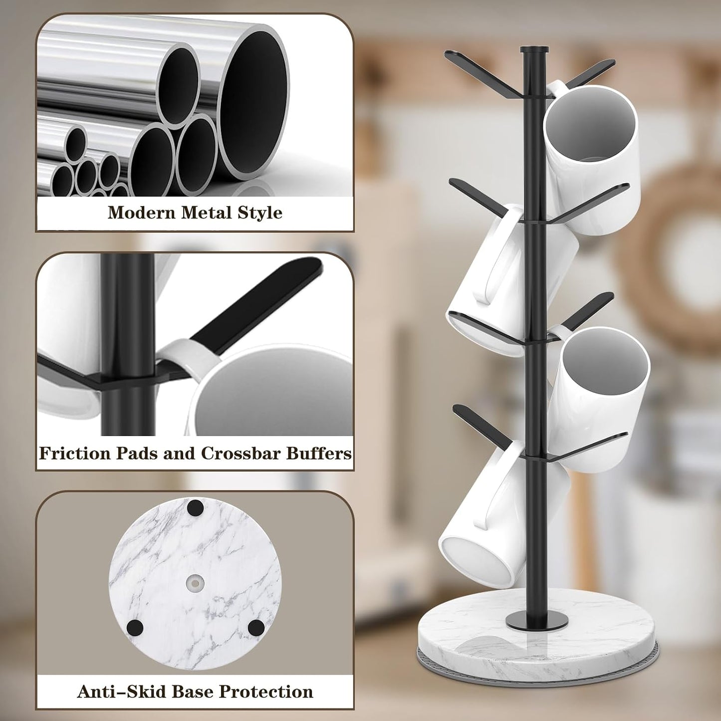 Marble Mug Holder Tree with 2–8 Adjustable Hooks | Detachable Stainless Steel Coffee Cup Stand with Modular Height and