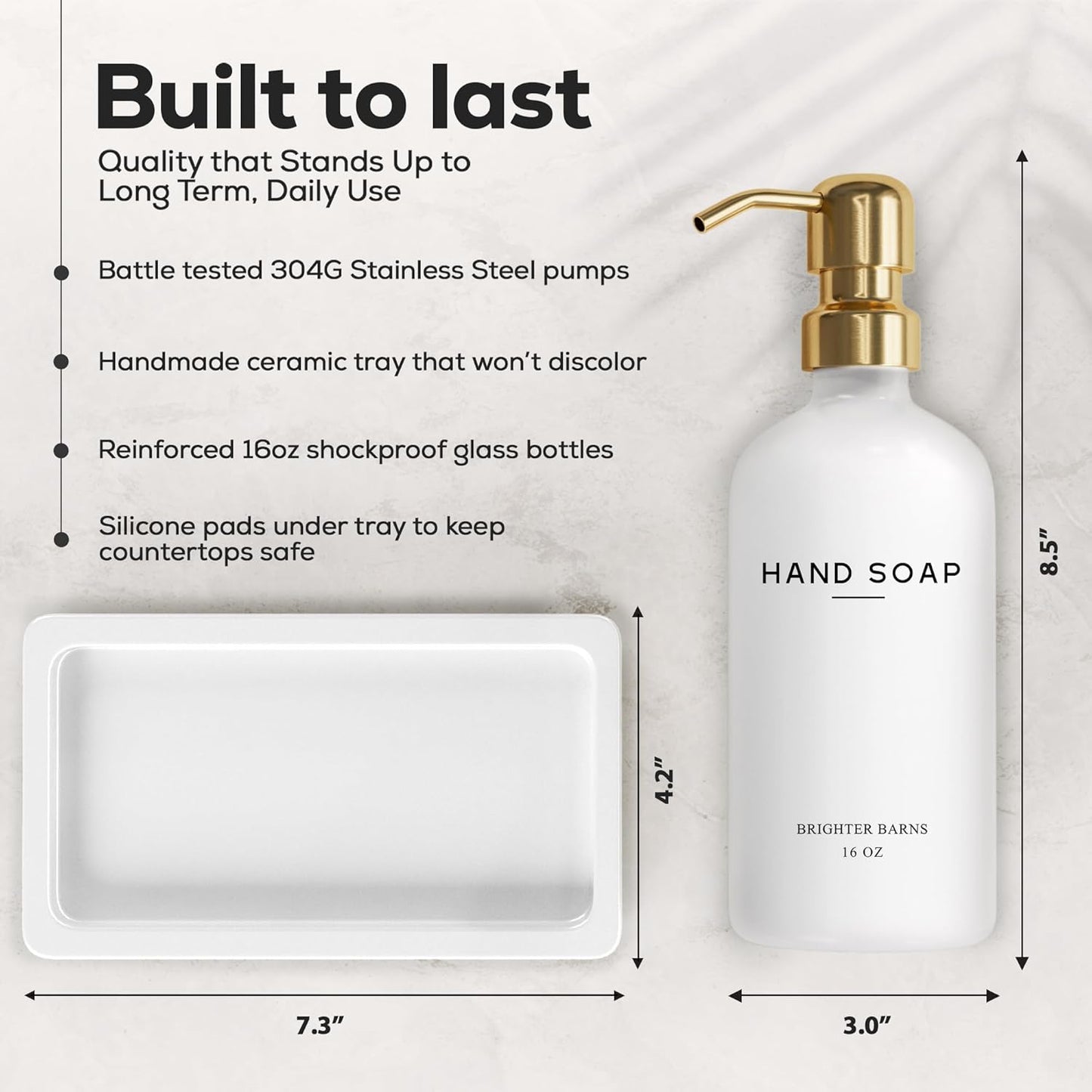 Luxury Glass Soap and Lotion Dispenser Set with Tray by Brighter Barns - Hand Soap Dispenser Bathroom Set & Stainless