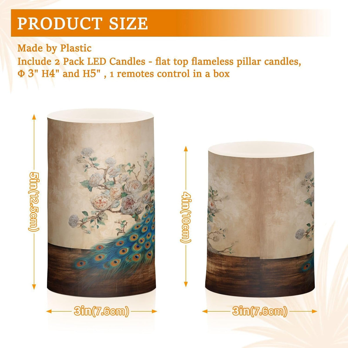 Flickering Flameless Candles, Vintage Peacock LED Candles with Remote Timer, Set of 2 Battery Operated Candle for