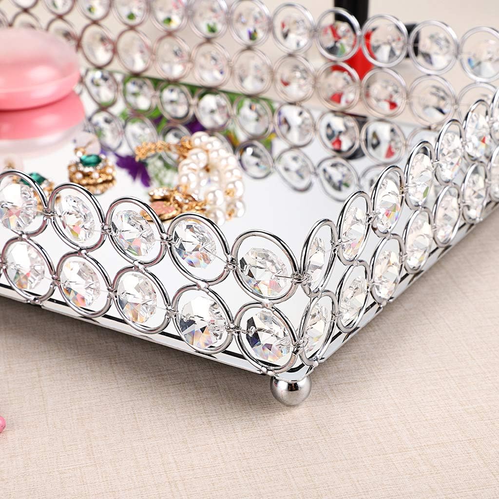Crystal Cosmetic Vanity Tray / 13.8 x 7.9 x 2 / Silver