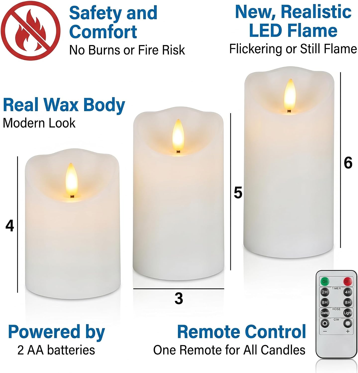 VENTA Set of 3 White Pillar Candles | Real Wax Battery Operated Flickering LED Candles with Remote | Timeless Decor for