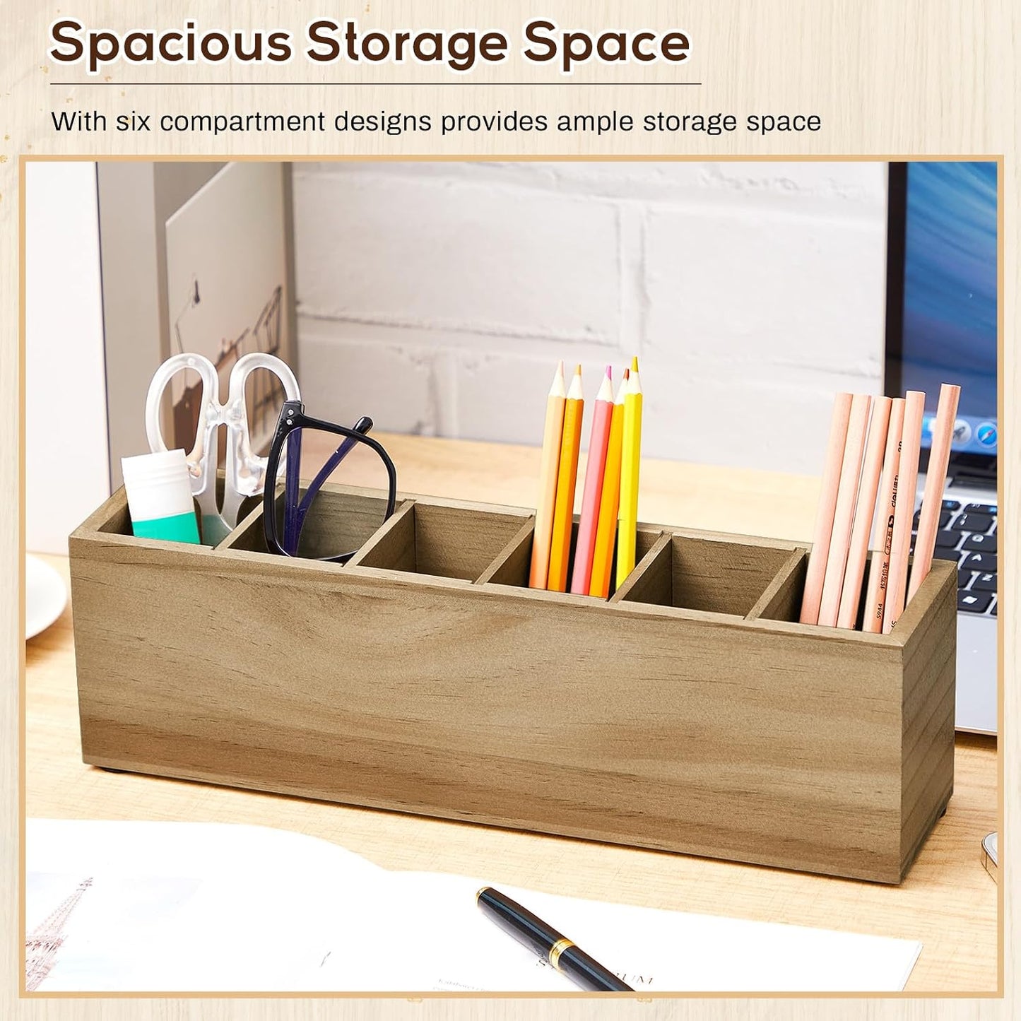 Jetec Wooden Pencil Pen Holder for Desk 6 Compartments Cosmetic Makeup Brush Stationery Office Desktop Organizers for