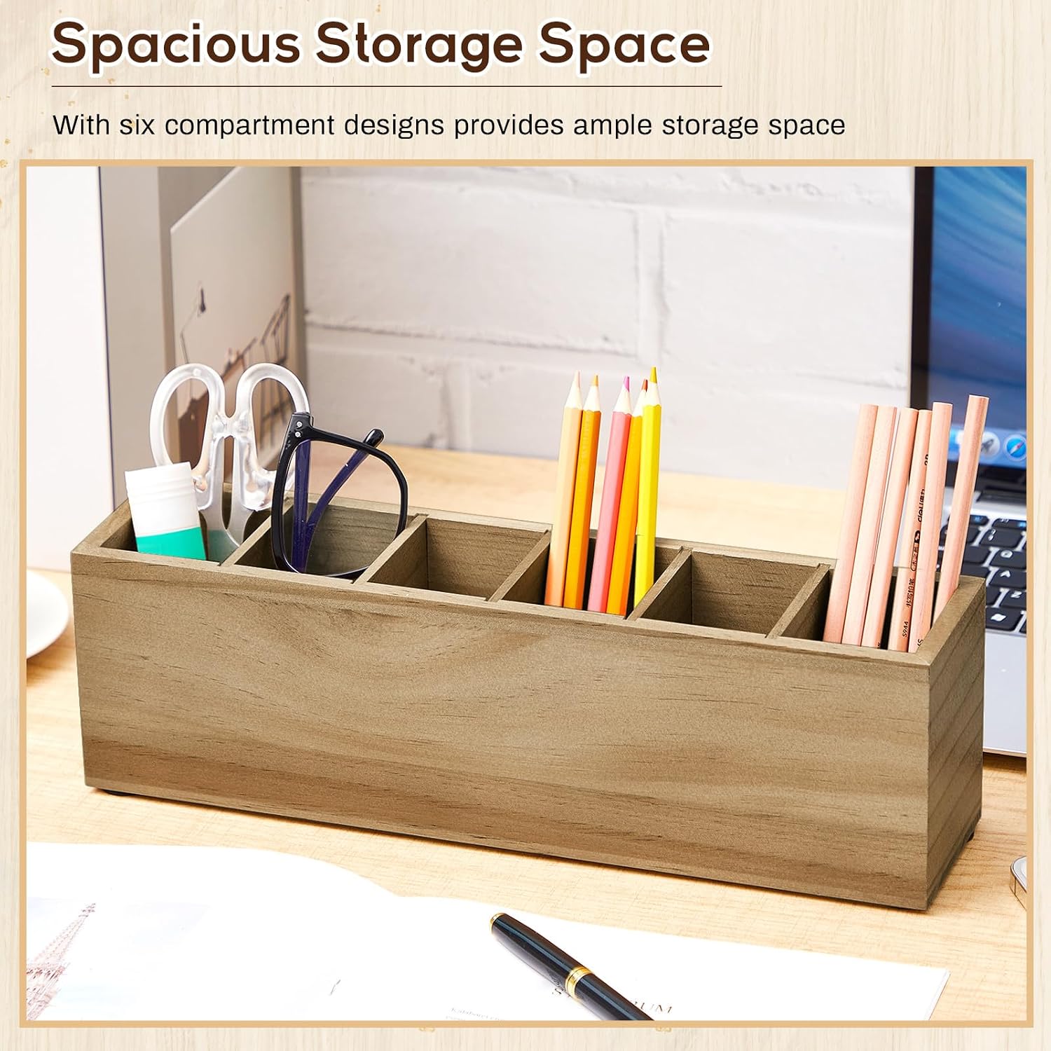Jetec Wooden Pencil Pen Holder for Desk 6 Compartments Cosmetic Makeup Brush Stationery Office Desktop Organizers for