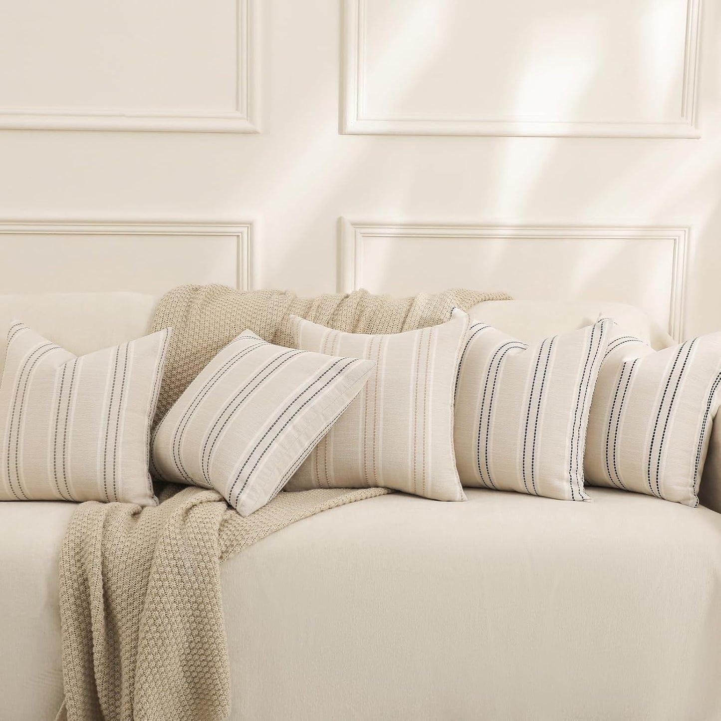 Hand Made Decorative Pillow Covers Striped Throw Pillows Textured Linen / Black / 18 x 18 / Set of 2