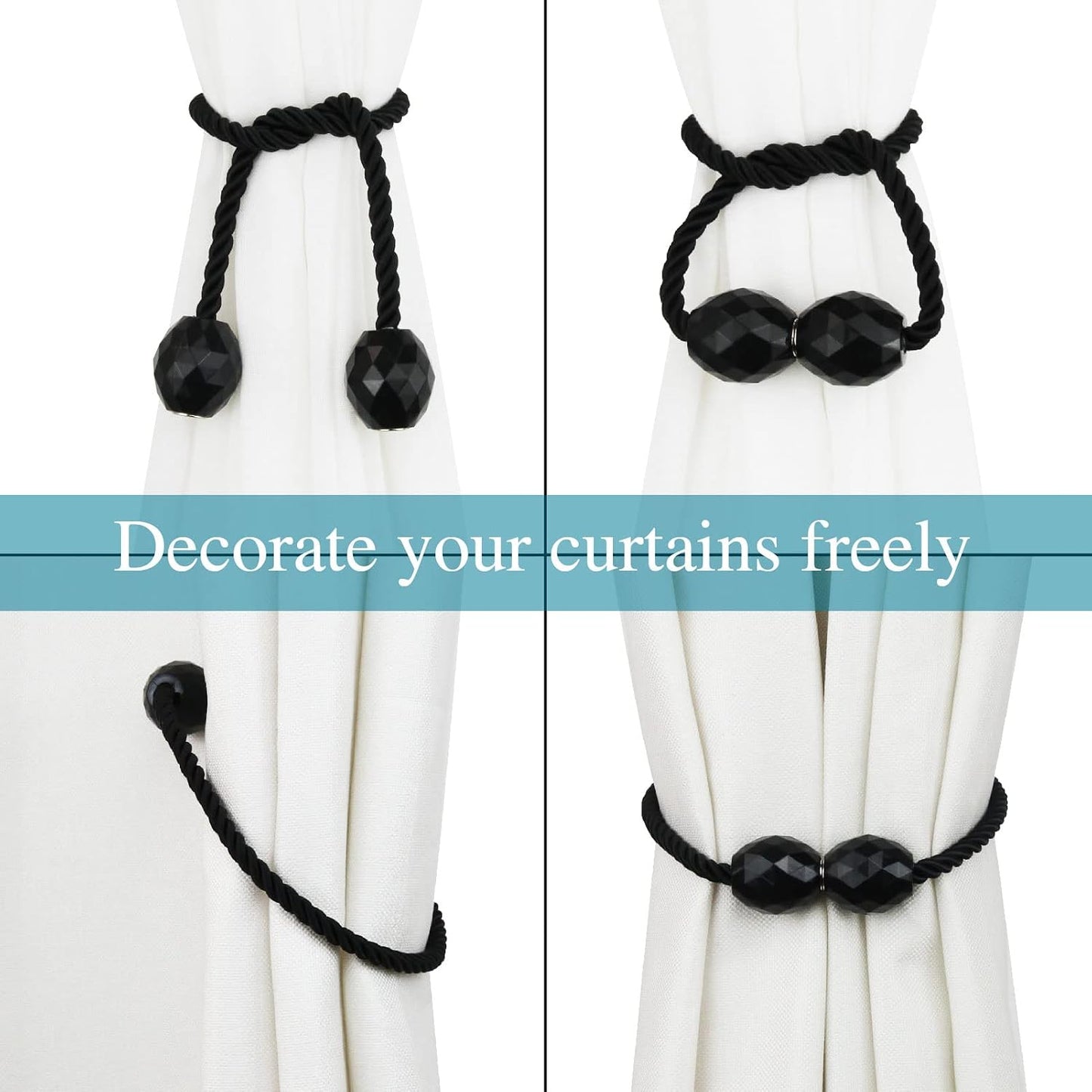 Strong Magnetic Curtain Tiebacks Decorative Rope Tie Backs Holdbacks Porlau | 6 Pack Black Outdoor Curtain Rope