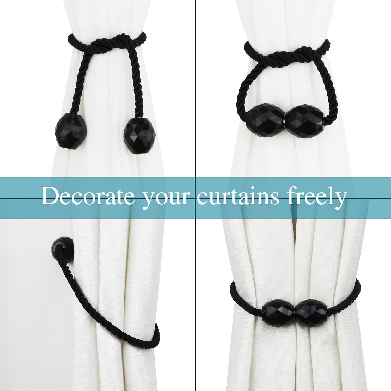 Strong Magnetic Curtain Tiebacks Decorative Rope Tie Backs Holdbacks Porlau | 6 Pack Black Outdoor Curtain Rope