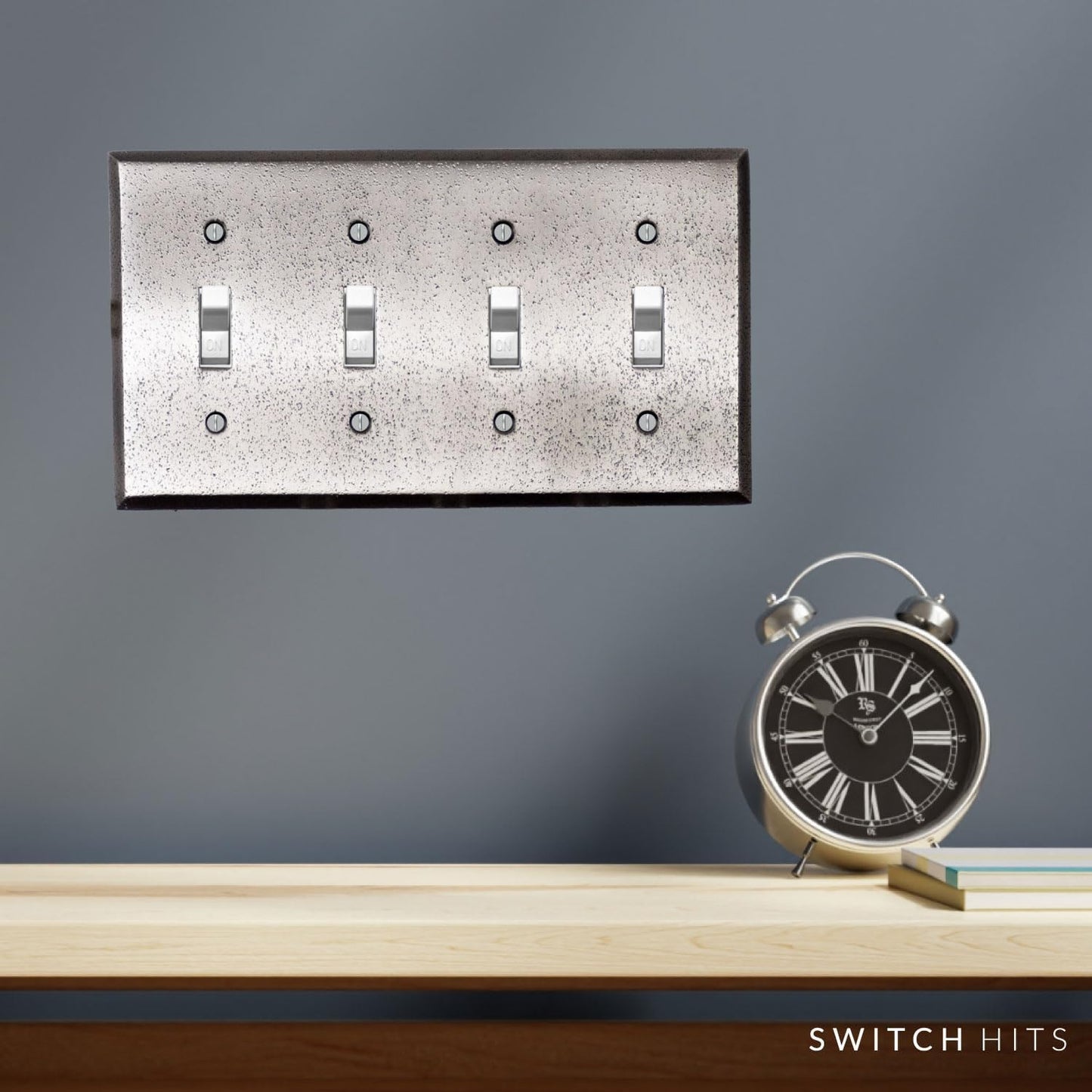 Distressed Antique Pewter Outlet Wall Plate | 4 Toggle | 8.25" x 4.5" | Hand-Polished Brass Construction | Electrical
