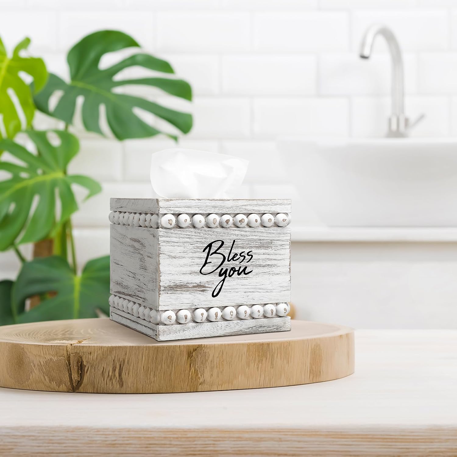 Rustic Farmhouse Vintage Wooden Tissue Holder Box Distressed Napkin / White