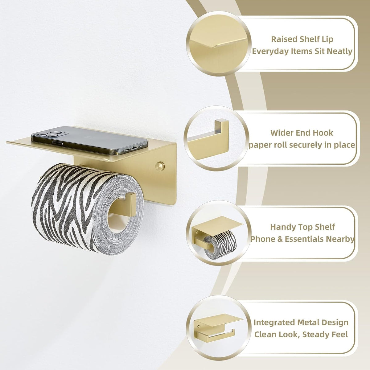 APLusee Brushed Gold Toilet Paper Holder with Shelf, 304 Stainless Steel Wall Mount Tissue Roll Holder for Bathroom