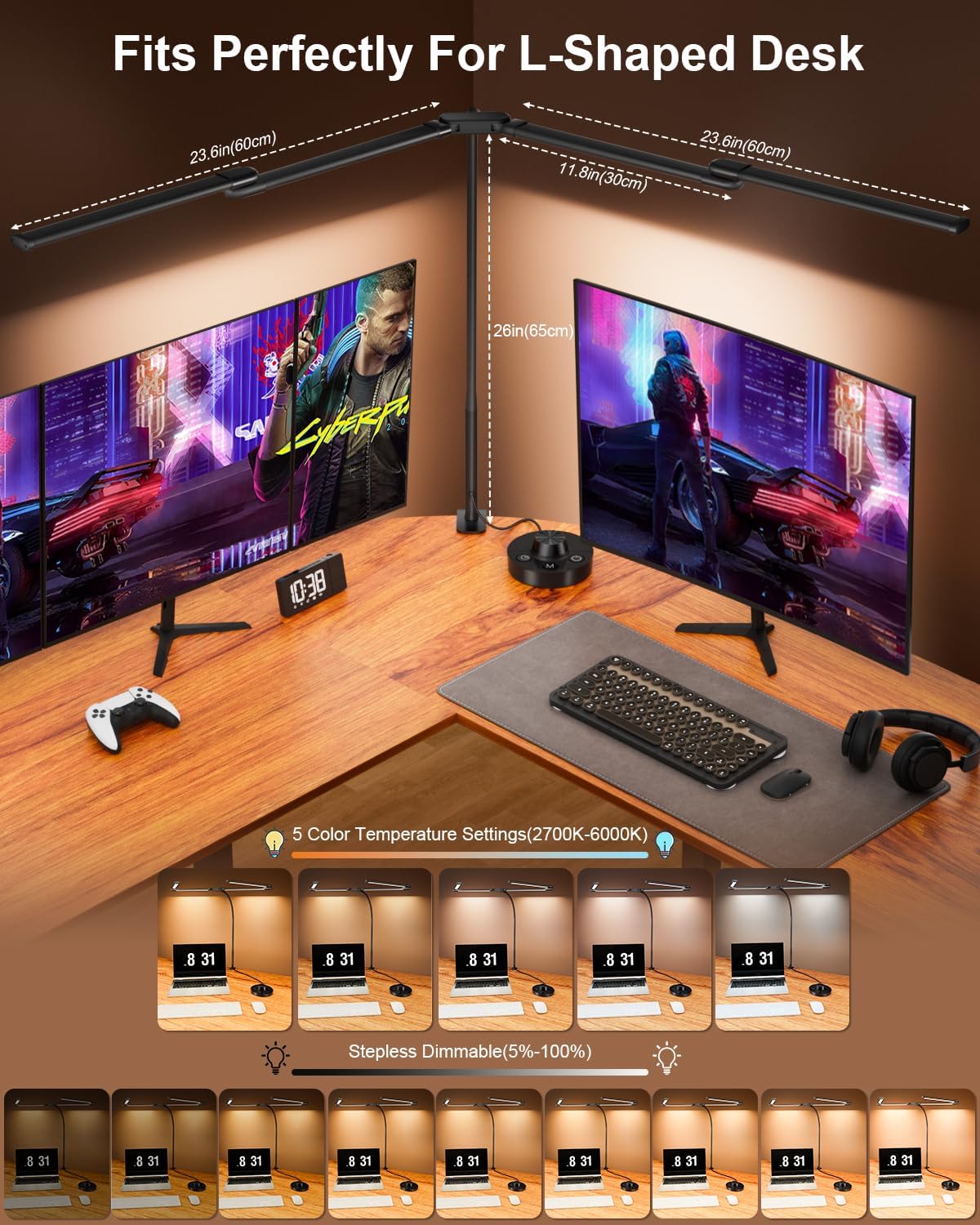 Desk Lamp Clamp Light 24W, Ultra Wide 4 Head Bars, 5 Color Modes Dimming, Multi-Screen Setup for Office, Architect