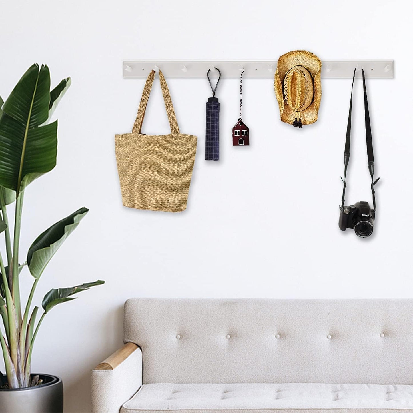 10 Hook Coat Rack Wall Mounted, Long 38 Inches Wooden Wall Coat Hanger with 10 Pegs, 16'' Hole to Hole Wall Coat Hooks