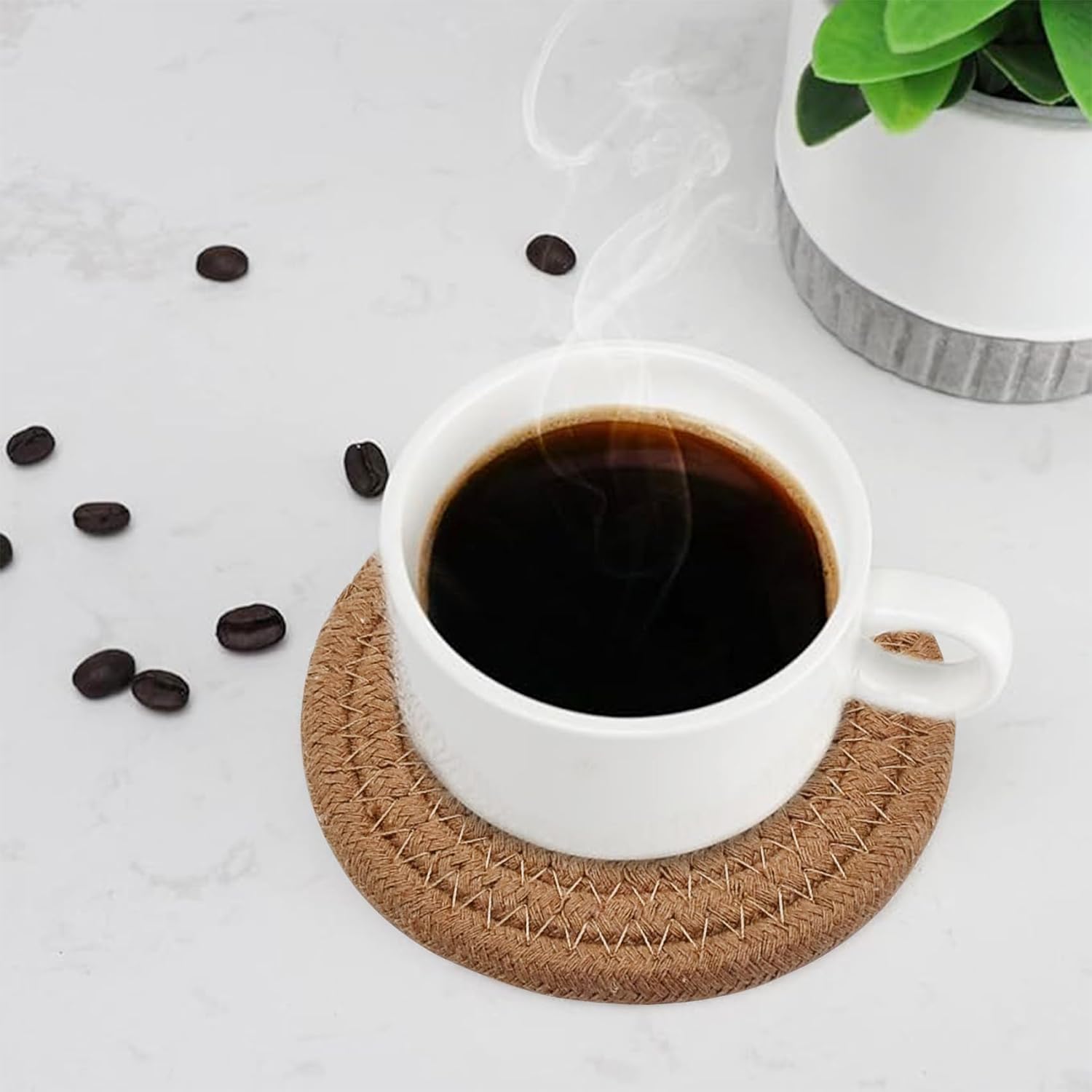 Holder / Cotton Woven Absorbent Coasters for Drinks / Brown / Set of 8
