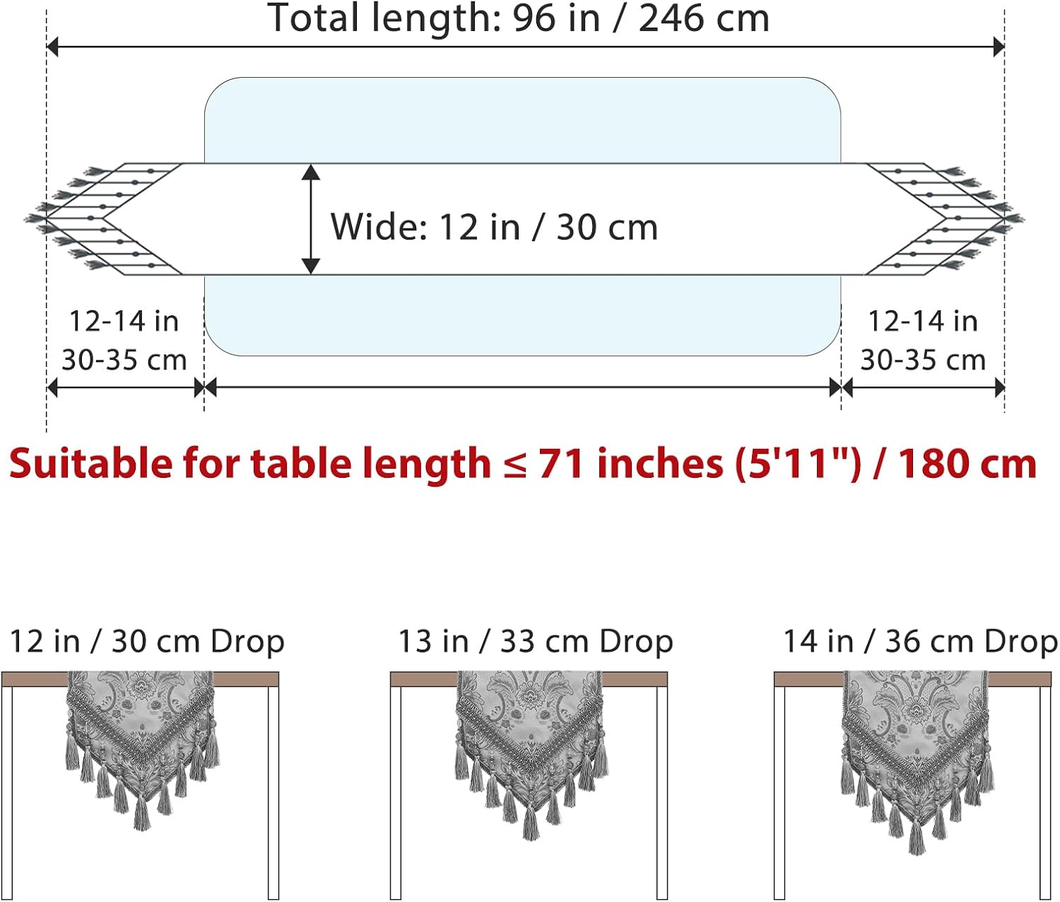 kilofly Elegant Floral Brocade Jacquard Table Runner Tassels (96 x 12 inches)