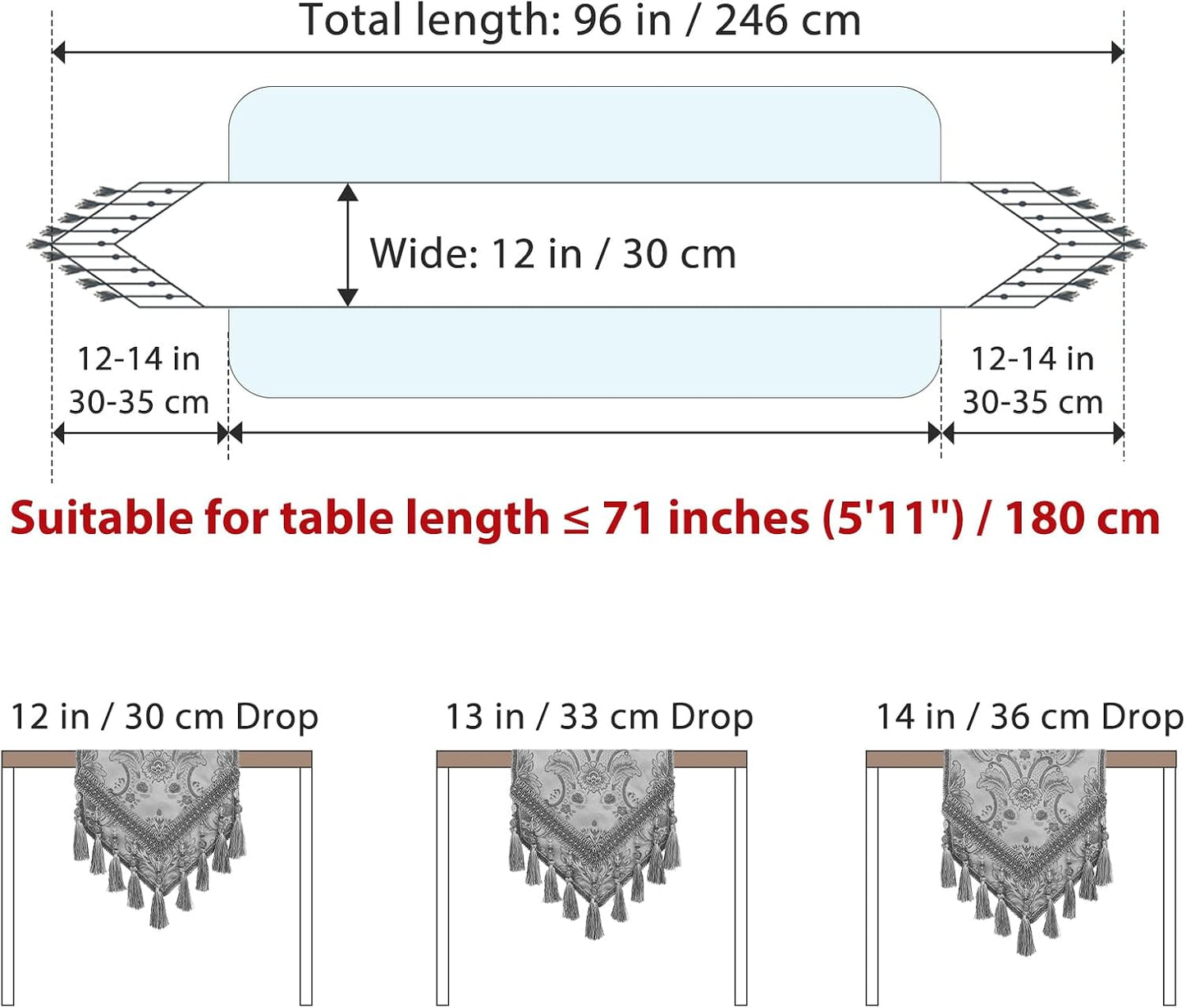 kilofly Elegant Floral Brocade Jacquard Table Runner Tassels (96 x 12 inches)