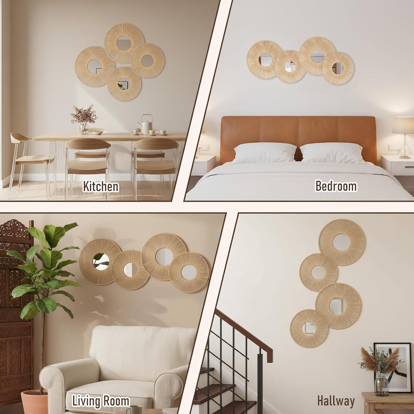 Boho Mirror Wall Hanging Decor / 11.8 Inch / Set of 4