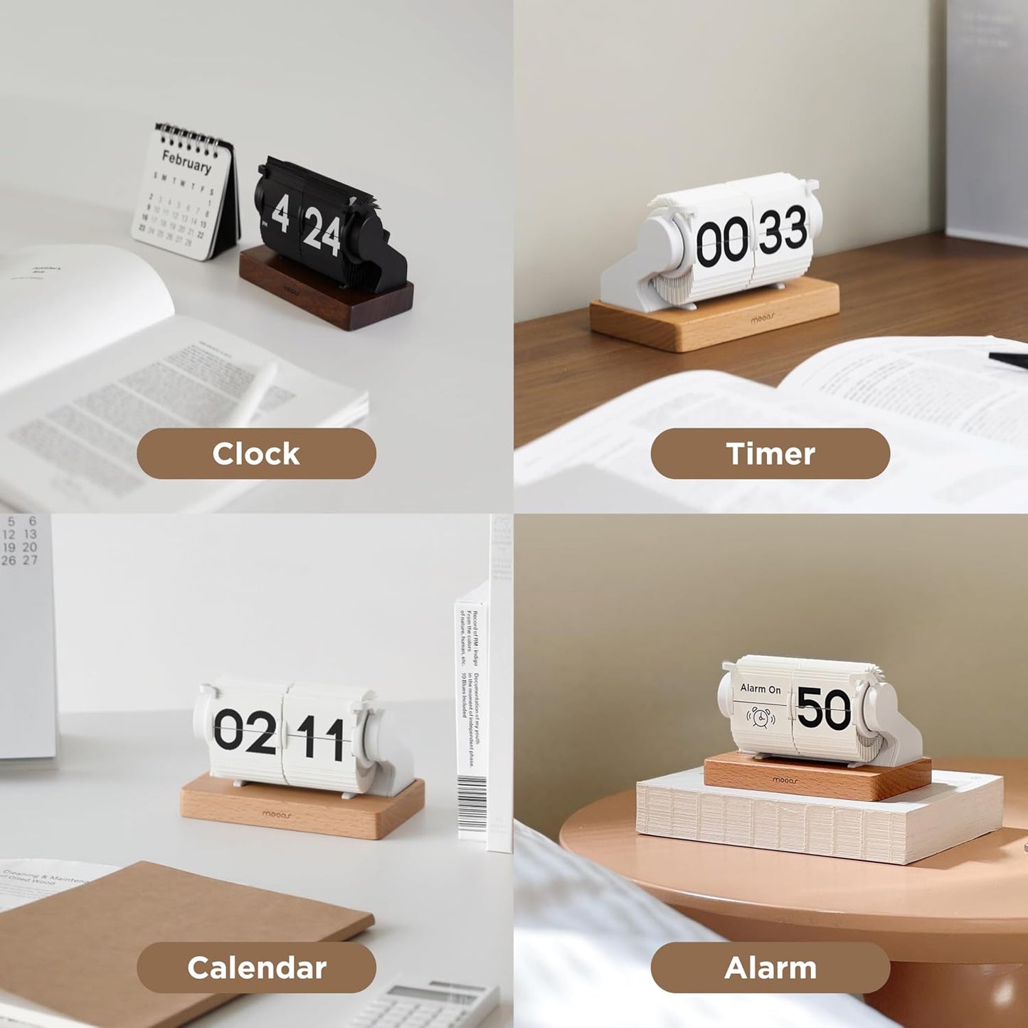 mooas Automatic Mini Flip Clock, Rechargeable, Timer/Alarm/Calendar (White) | Retro Vintage Design, Automatic Flip Desk