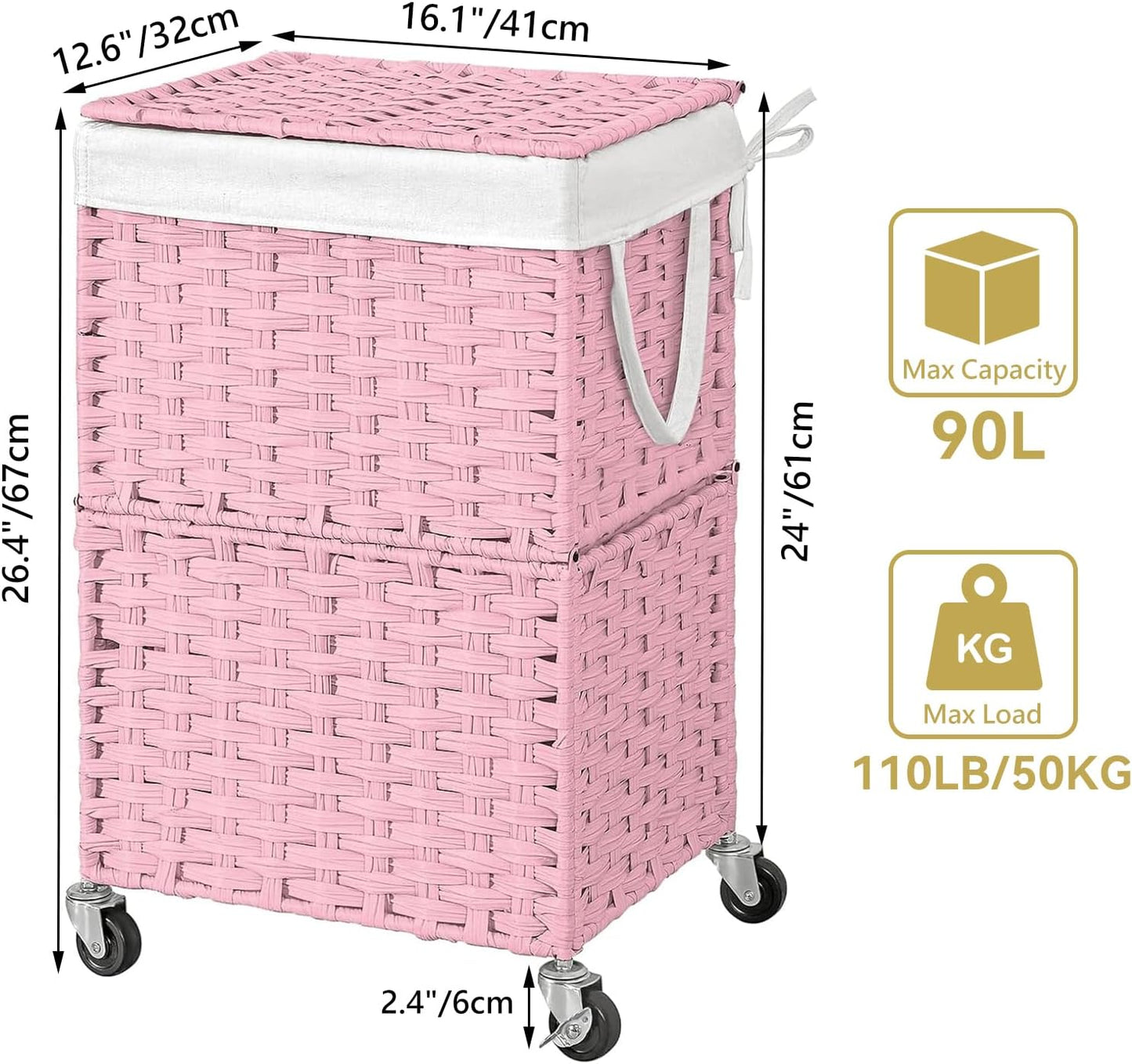 Rolling Laundry Basket / 90l / Pink