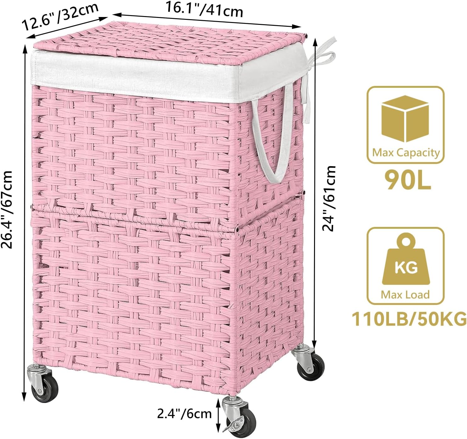 Rolling Laundry Basket / 90l / Pink