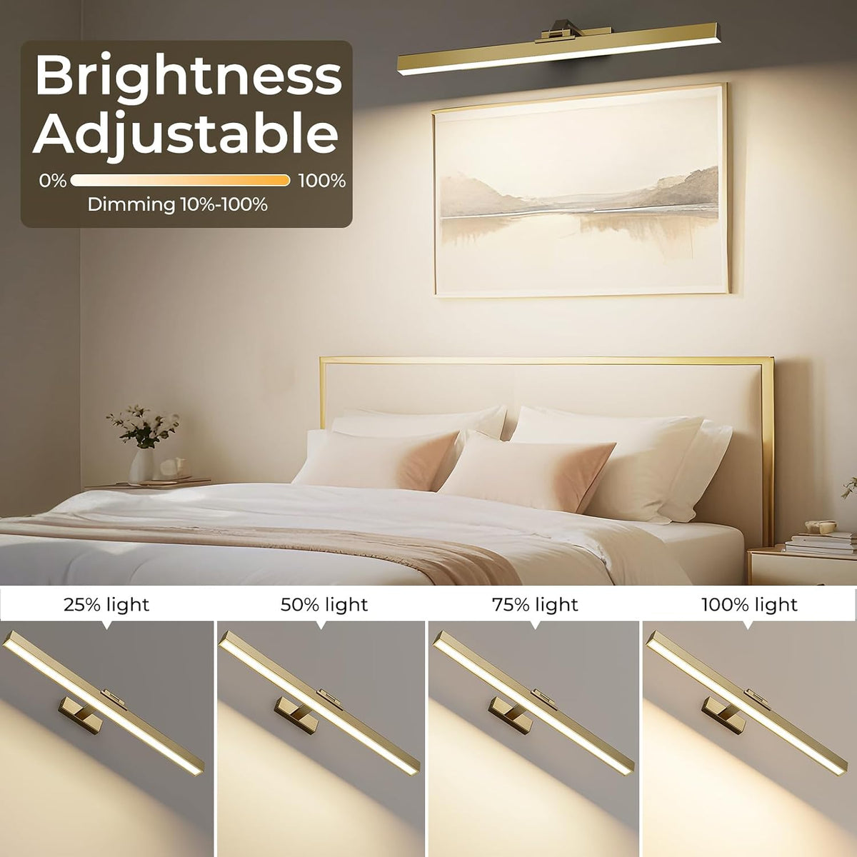 Picture Lights for Wall, Brushed Gold Battery Operated Picture Light 24in Art Light CCT Dimmable Recharging Battery