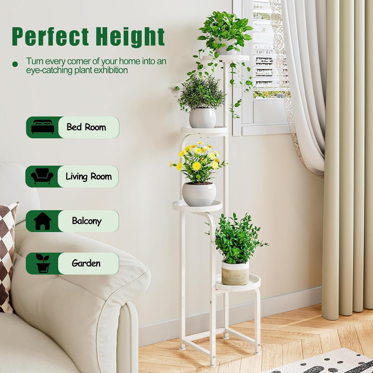 IINGIORDAR Plant Stand Indoor Outdoor Corner Tall Plant Shelf 4 Tier Metal | Space-saving Tiered Design Displays