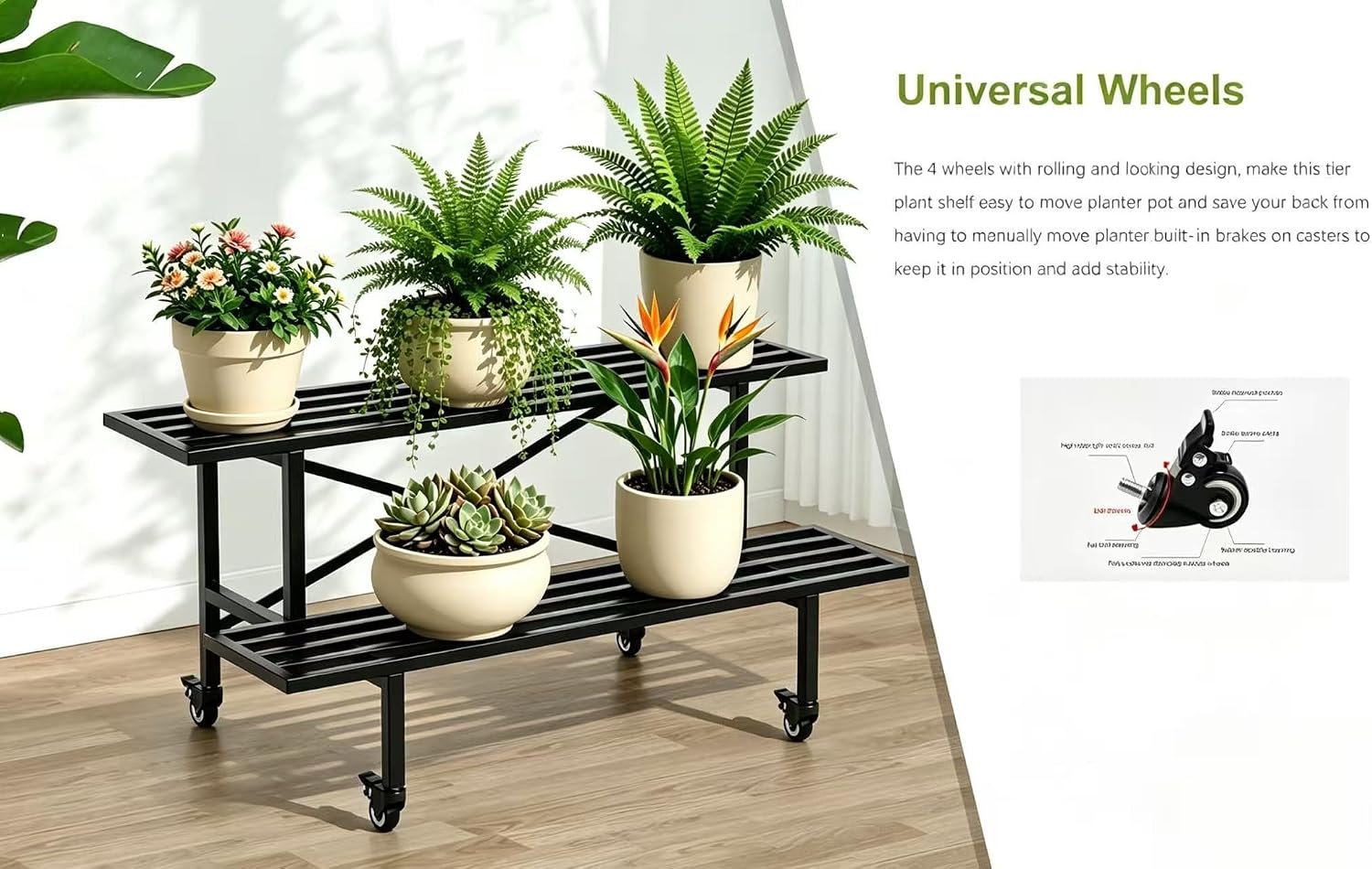 Zhongma 2 Tier Sturdy Metal Plant Stand with Wheels, L35.43 x W17.5 x H16.14 inch, Heavy Duty Plant Holder for Home