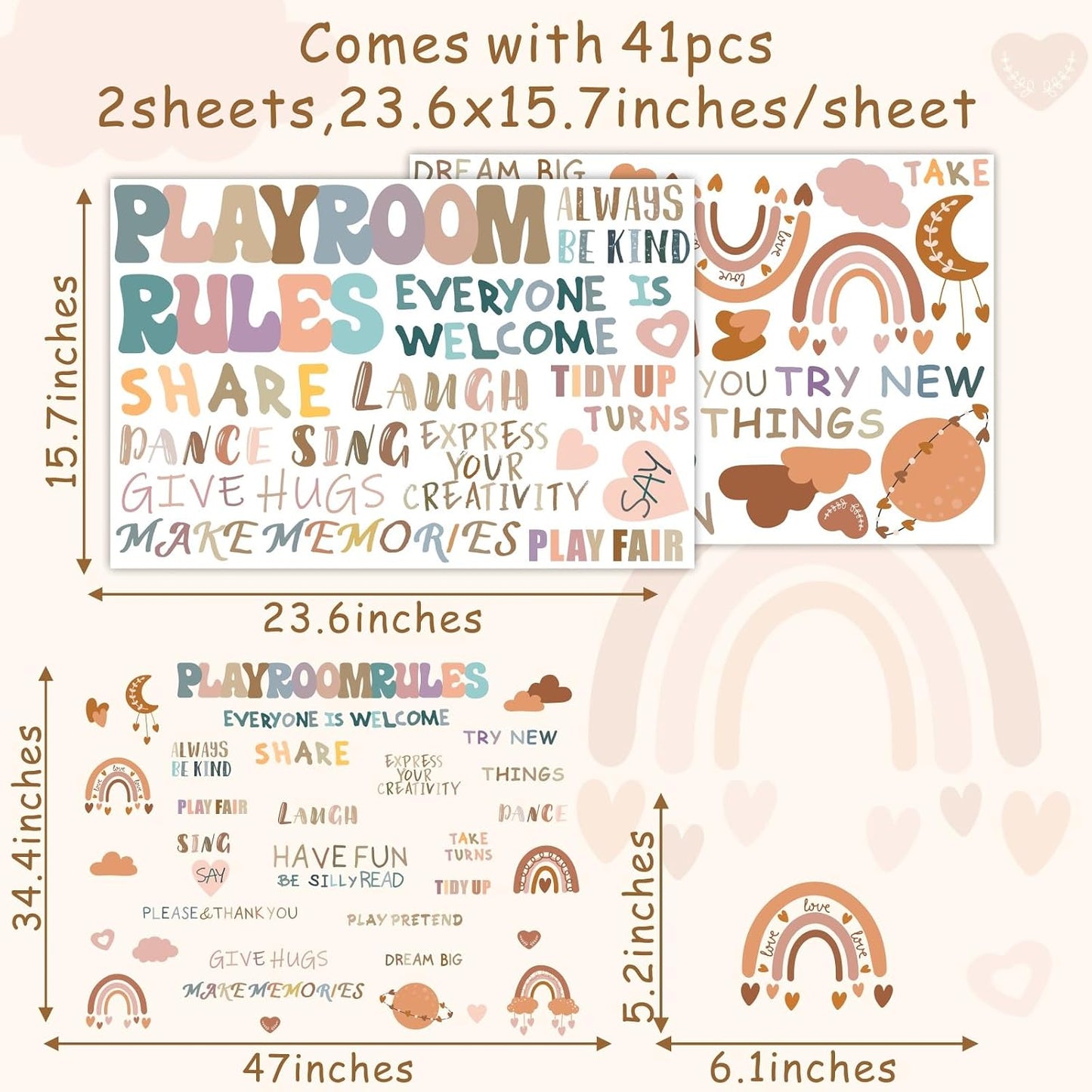 Inspirational Wall Decals Playroom Rules Wall Decal Peel and Stick Rainbow Quote Wall / Colorful One