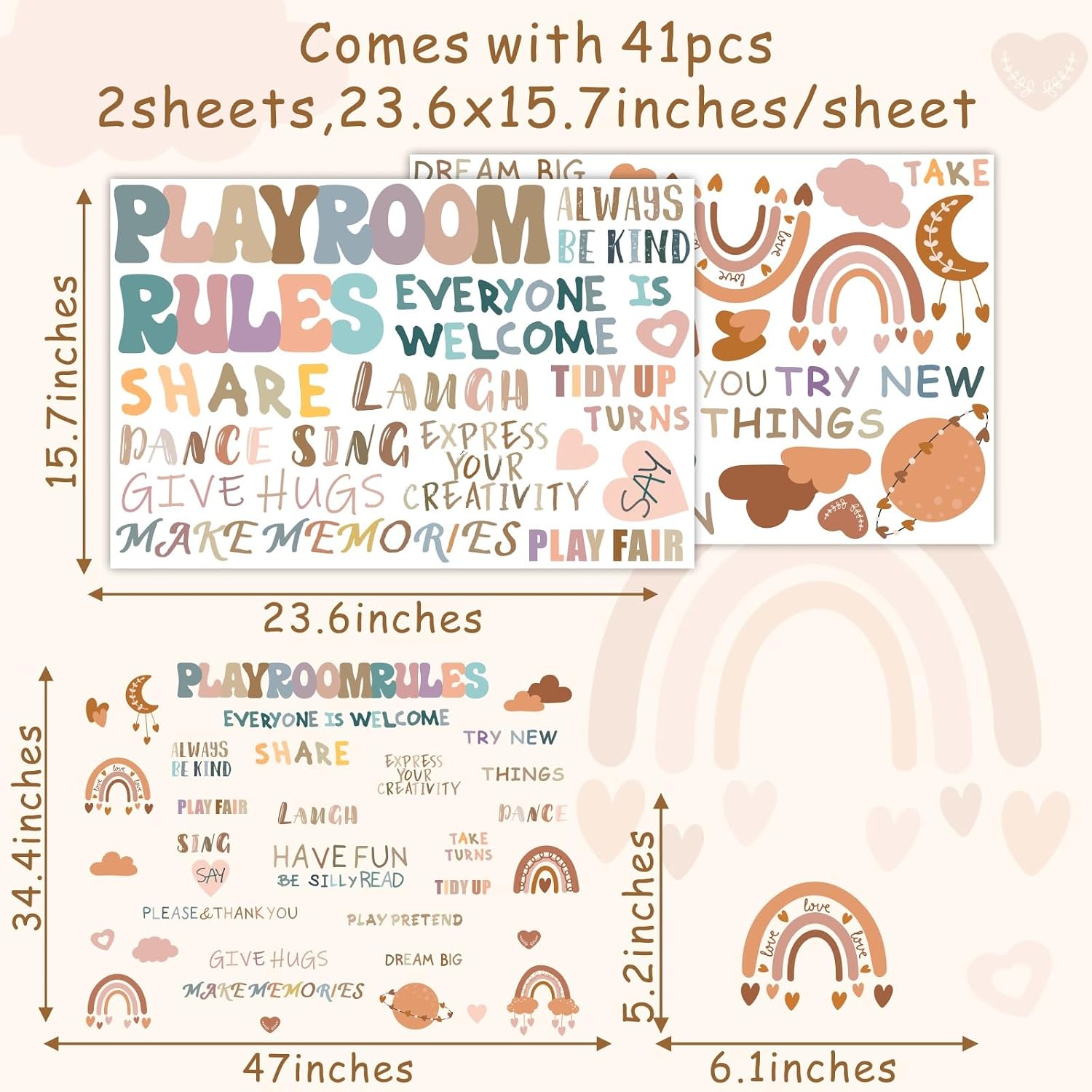 Inspirational Wall Decals Playroom Rules Wall Decal Peel and Stick Rainbow Quote Wall / Colorful One