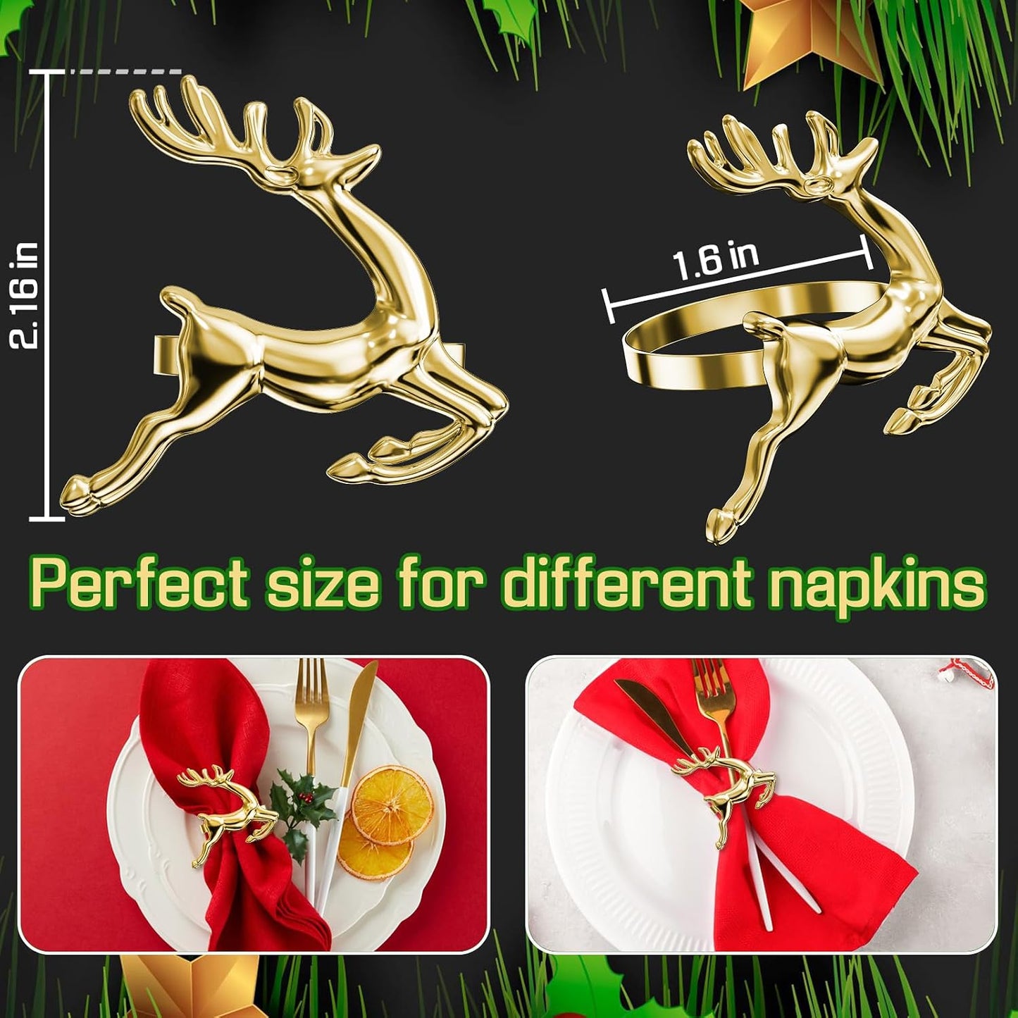 Christmas Gold Reindeer Napkin Rings Set of 12 for Table Decoration | 12 Pcs Reusable Gold Reindeer Napkin Holder Ring