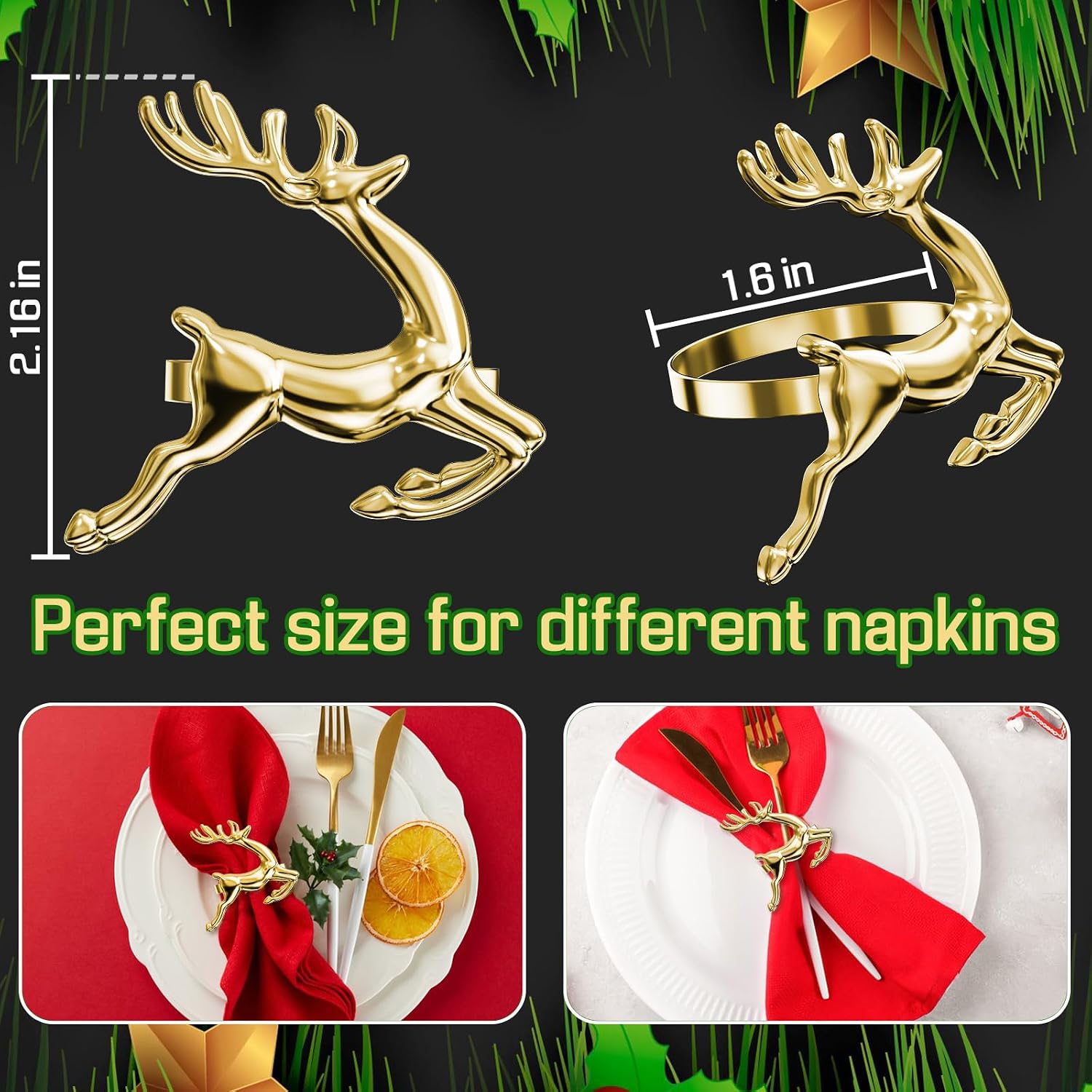 Christmas Gold Reindeer Napkin Rings Set of 12 for Table Decoration | 12 Pcs Reusable Gold Reindeer Napkin Holder Ring