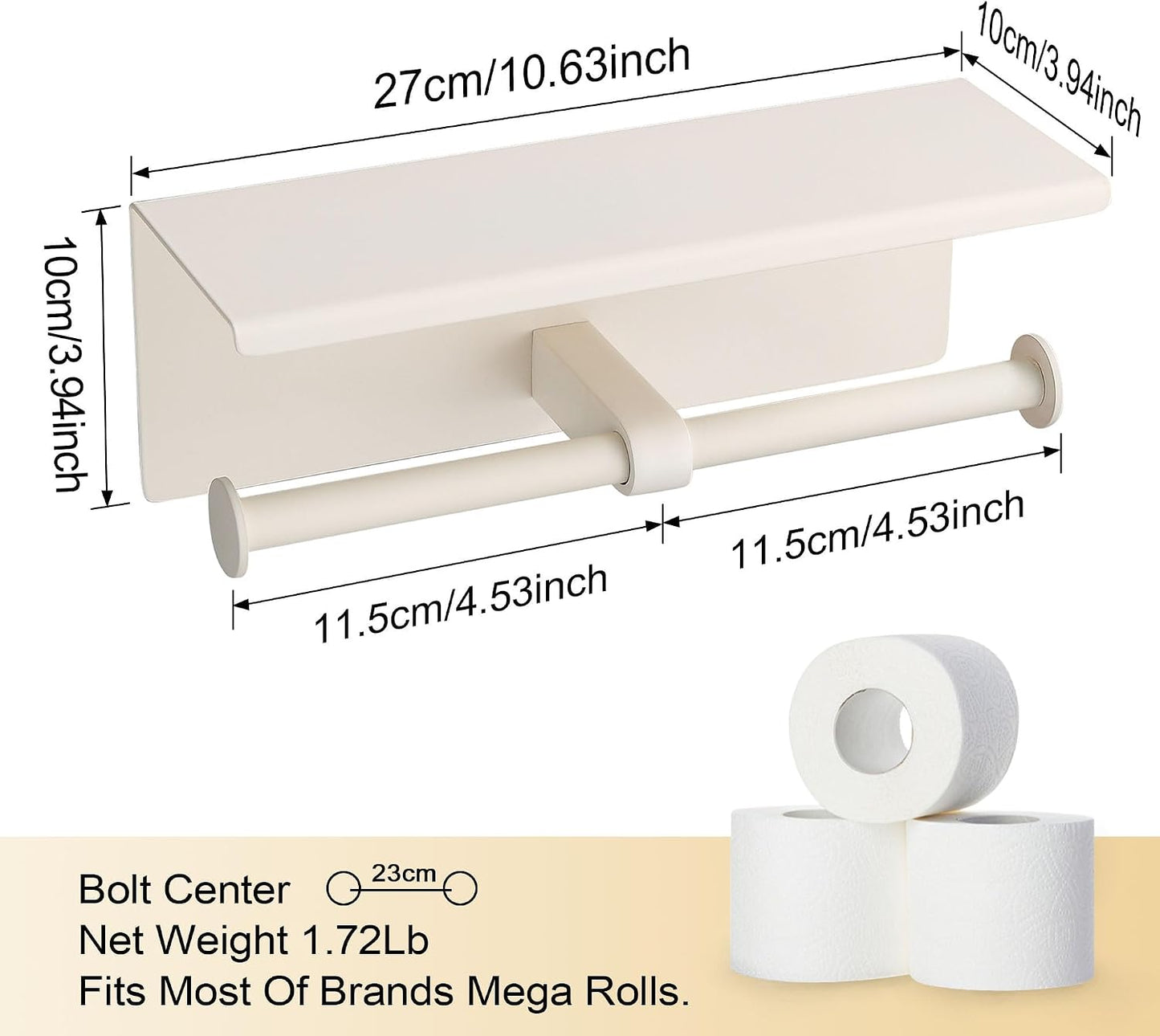 BGL Double Toilet Paper Holder with Shelf White Stainless Steel 304 Wall Mount Double Toilet Roll Holder for Bathroom