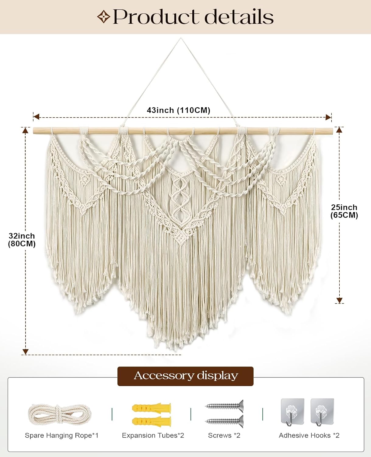 Boho Wall Tapestry / 32"L x 43"W / Tassel / 43 x 32