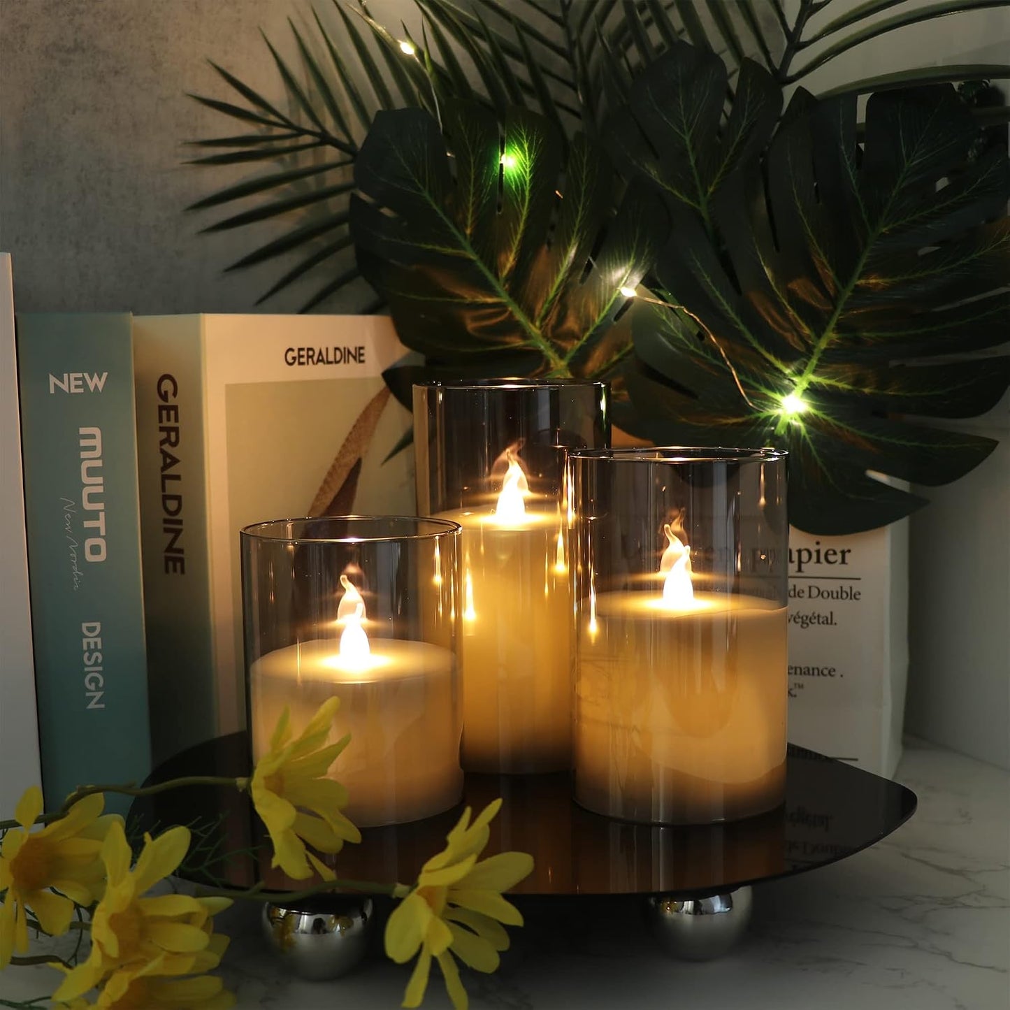 GenSwin Glass Flameless Led Candles Battery Operated Remote Timer Black | Bookshelf Decor, Moody Bathroom Decor, Real
