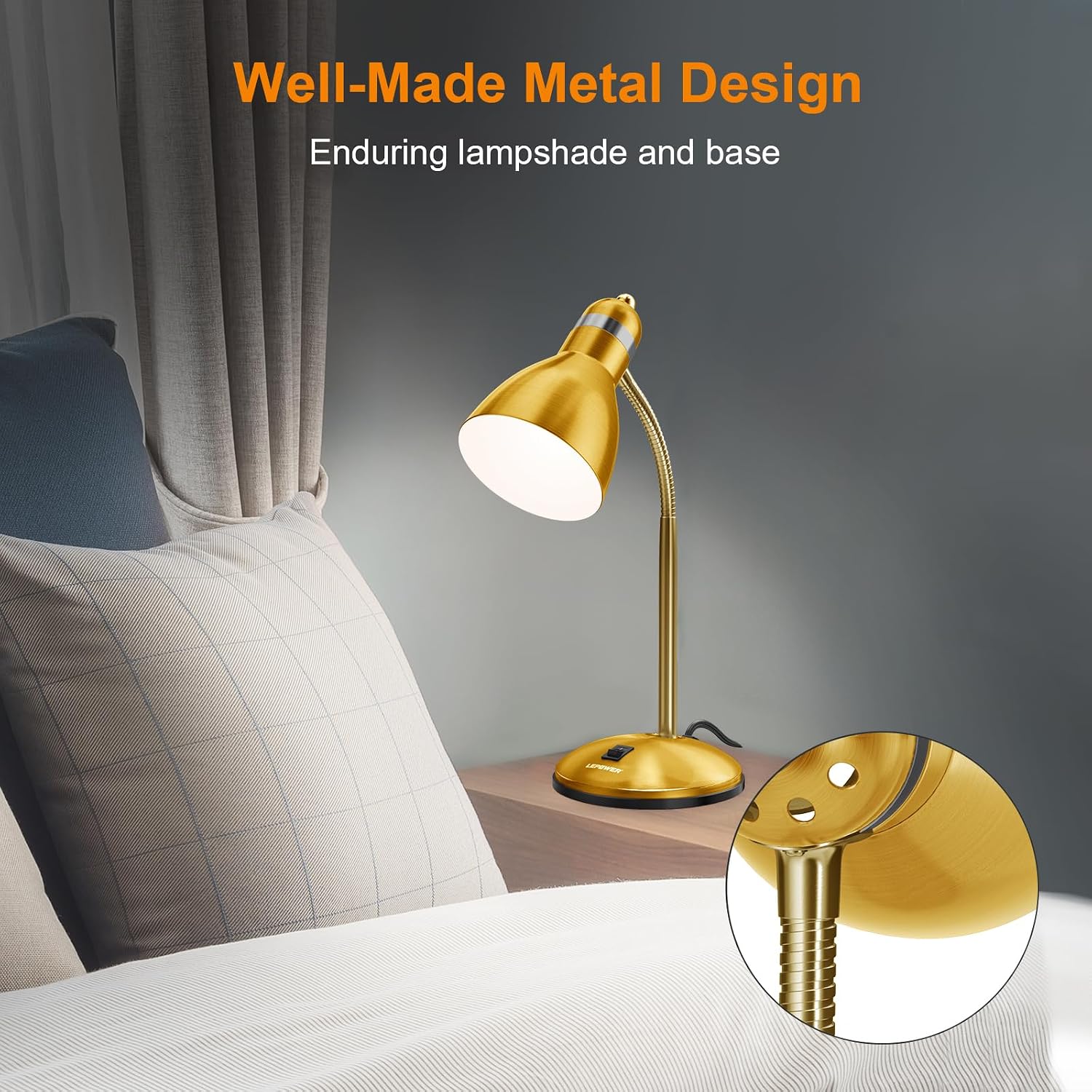 LEPOWER Metal Desk Lamp, Adjustable GooseNeck Reading Light for Bedroom | Compact & Sturdy, Space-Saving for Bedside &