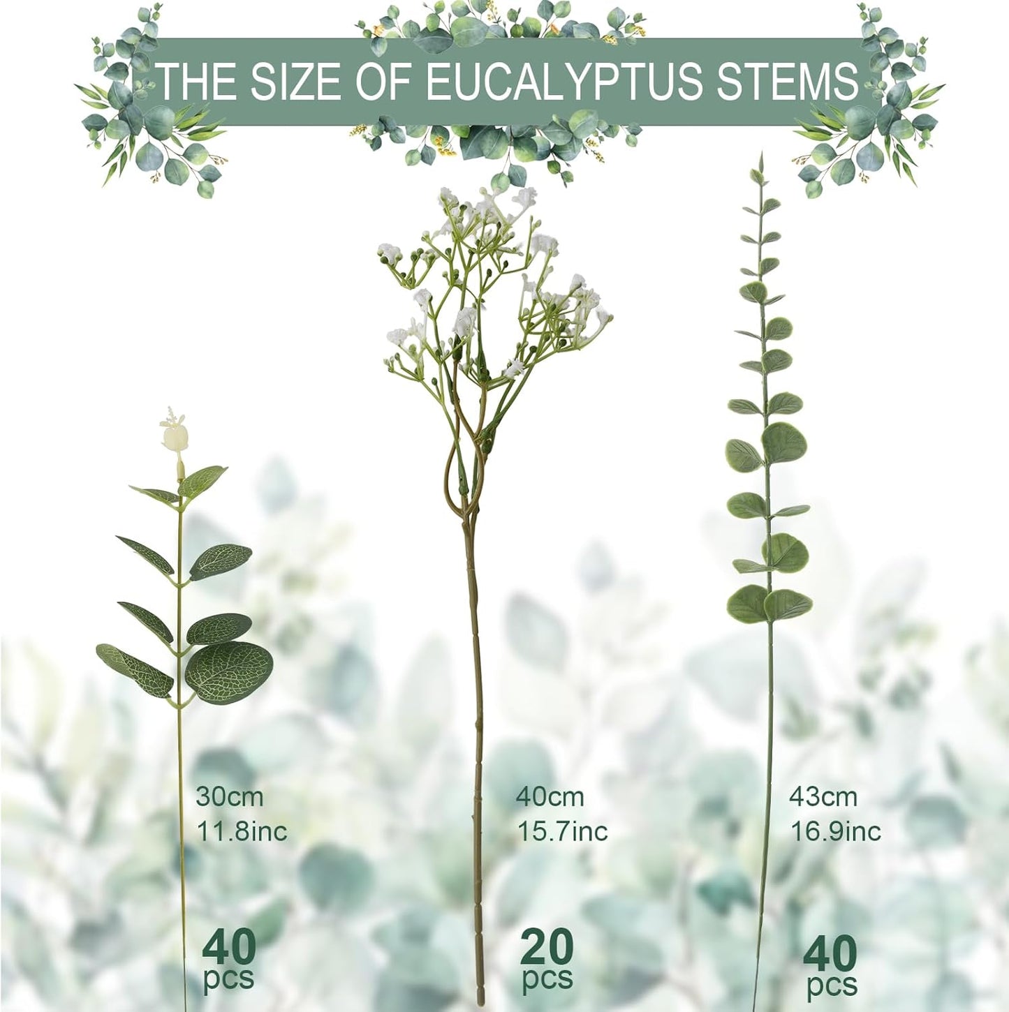 Baby Breath Artificial Flowers Bulk and Eucalyptus Leaves / Green and White / Set of 100