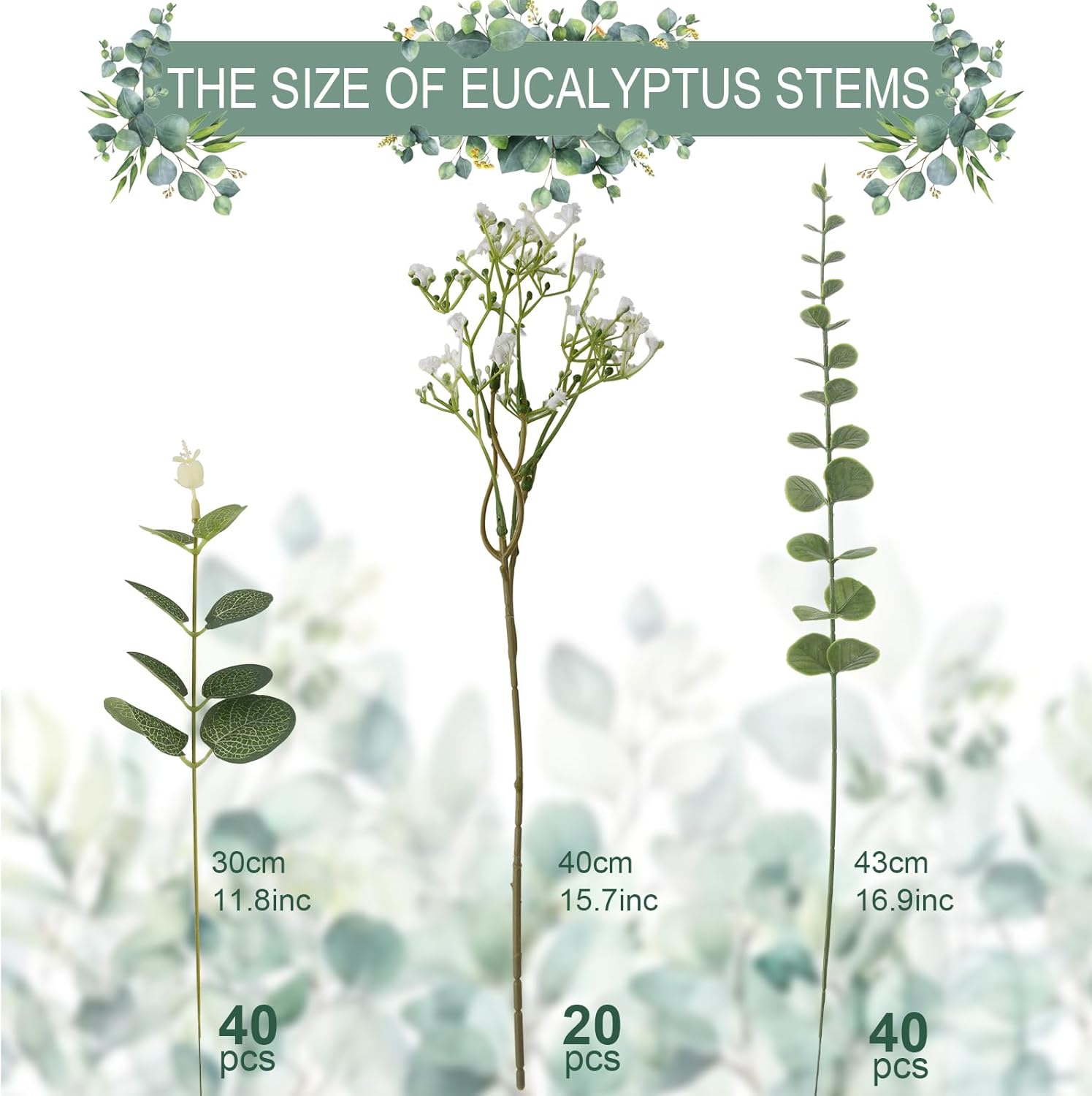 Baby Breath Artificial Flowers Bulk and Eucalyptus Leaves / Green and White / Set of 100