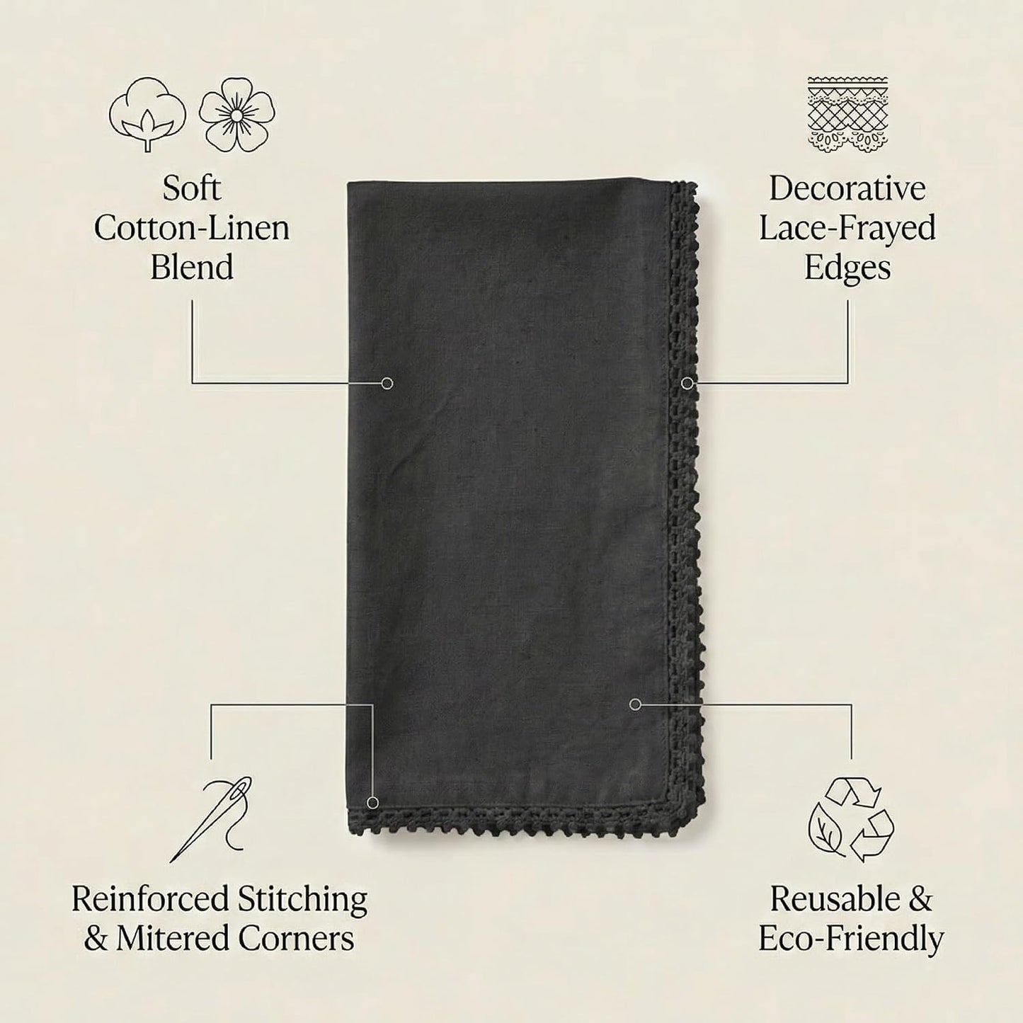 ACCENTHOME Black Cloth Napkins Set of 12 18x18 inch Cotton Dinner Napkins - Washable Soft Premium Hotel Quality