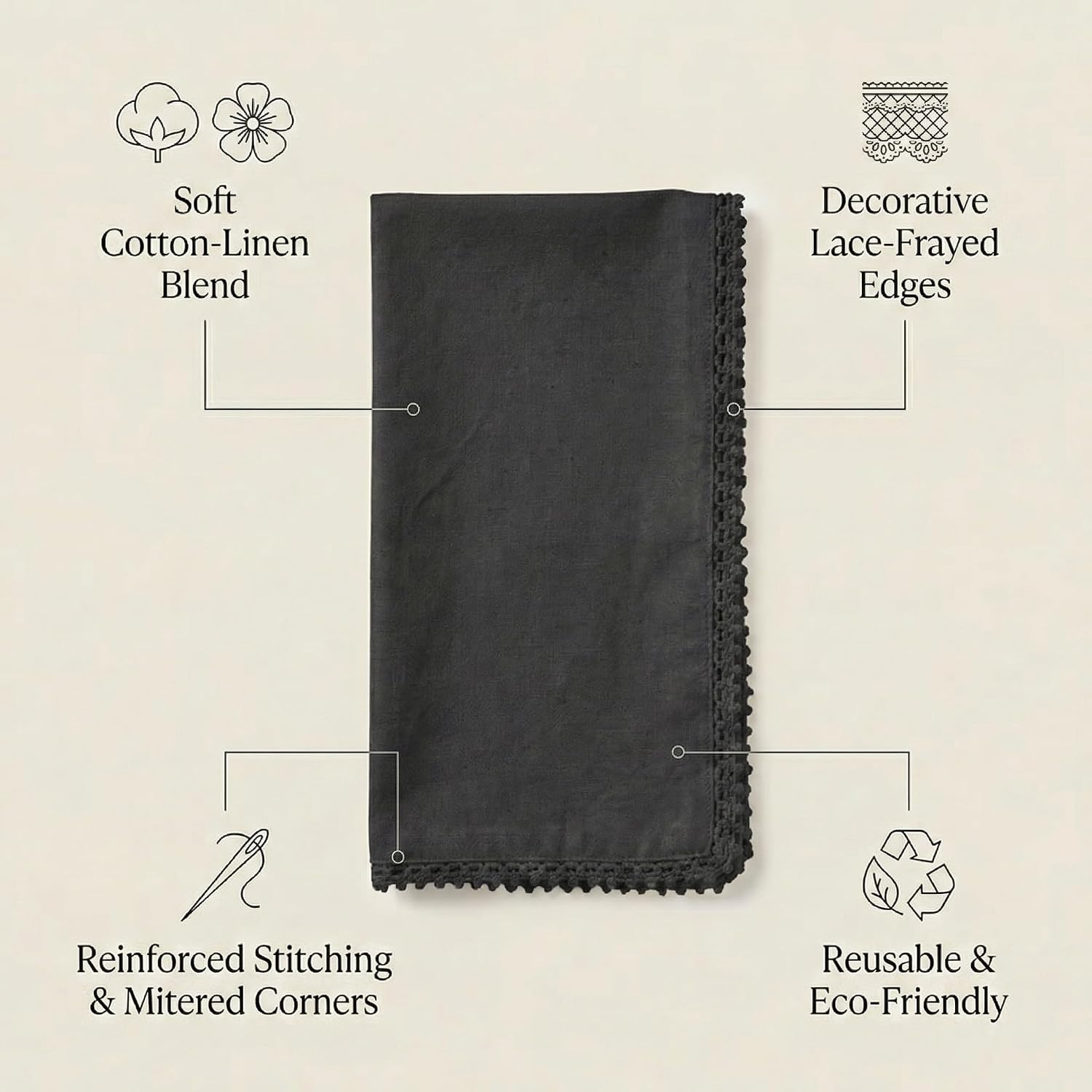 ACCENTHOME Black Cloth Napkins Set of 12 18x18 inch Cotton Dinner Napkins - Washable Soft Premium Hotel Quality