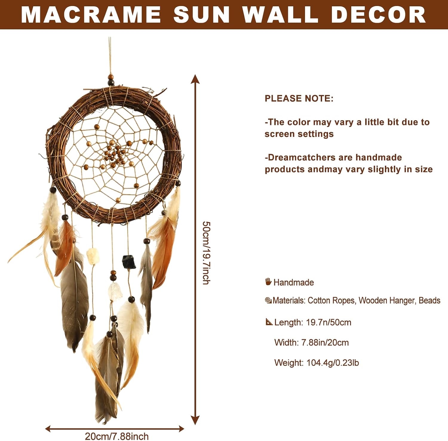 Dream Catcher Native American Boho Dreamcatcher Rattan Wall Decor / Brown with Crystal