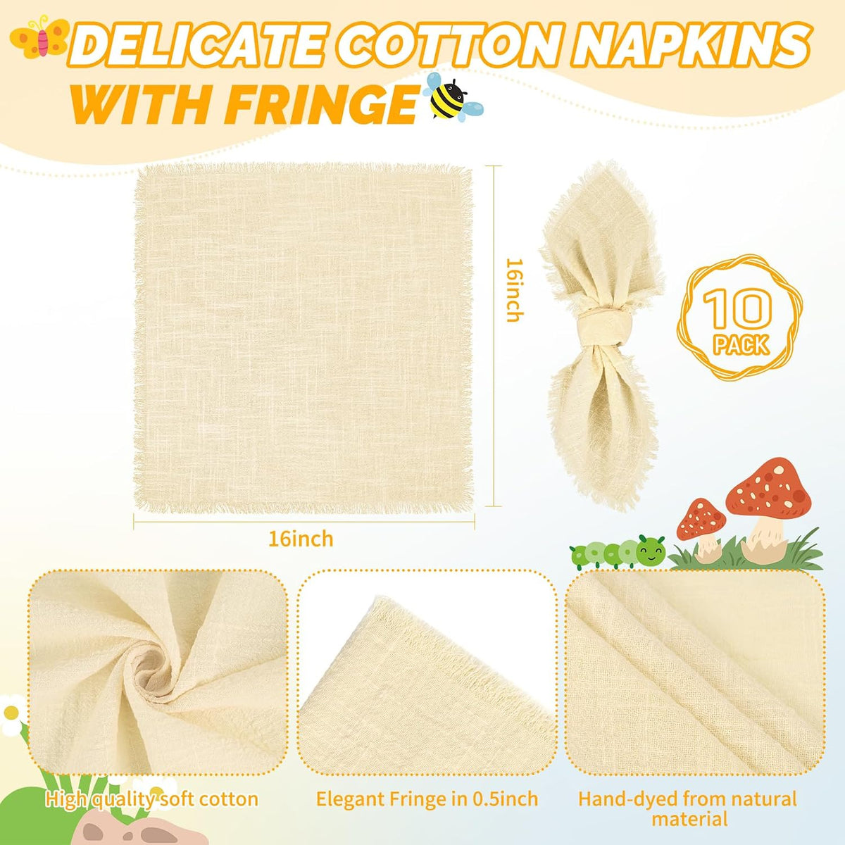 Showgeous 60 Pack Beige Cloth Napkins with Fringe, 16x16 inch 100% Cotton | Beige Napkins Handmade Dinner Napkins Bulk