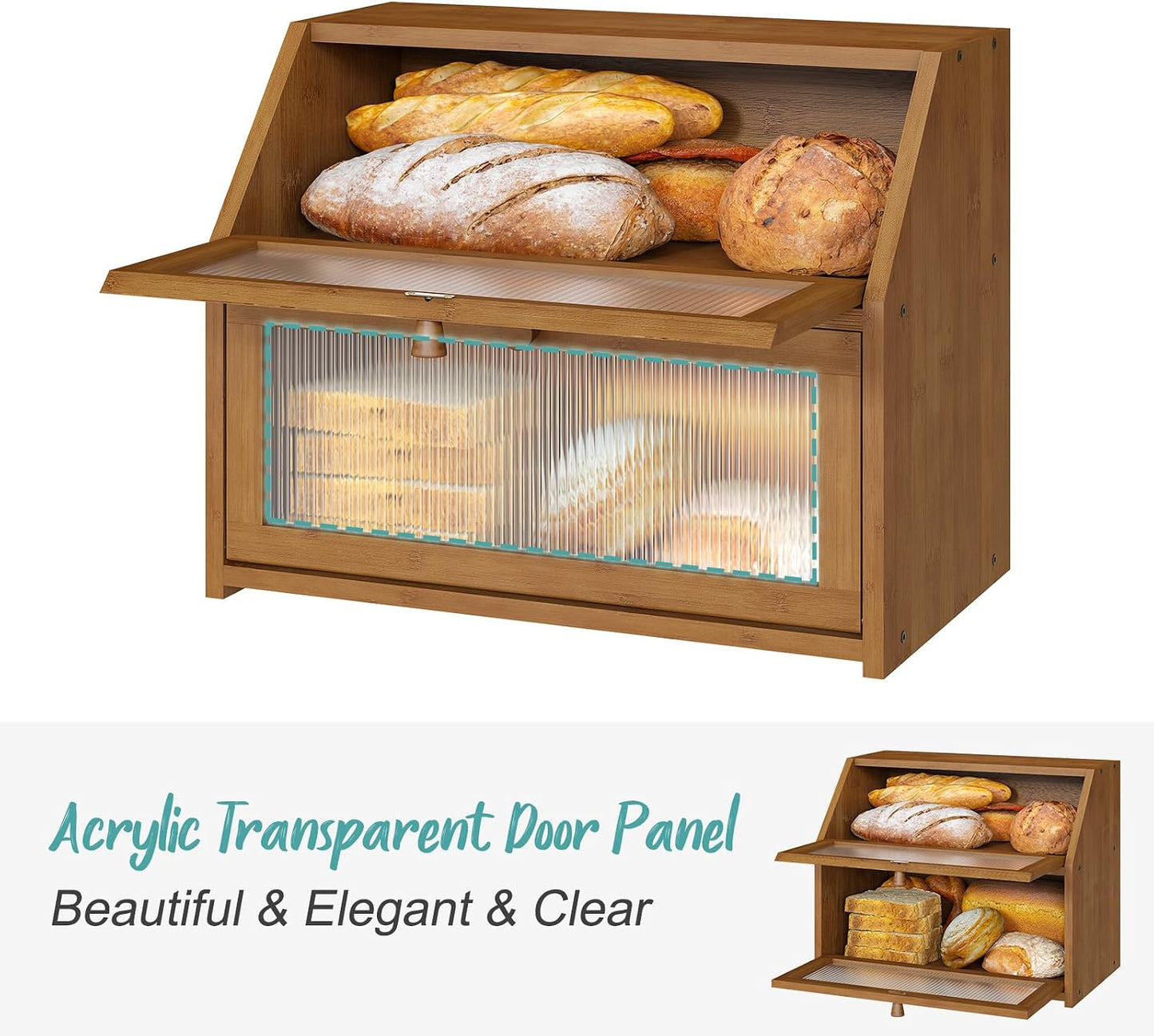 Bread Box for Kitchen Counter, Large Bamboo Wood Double Layer Bread Box, Wooden Bread Storage Capacity