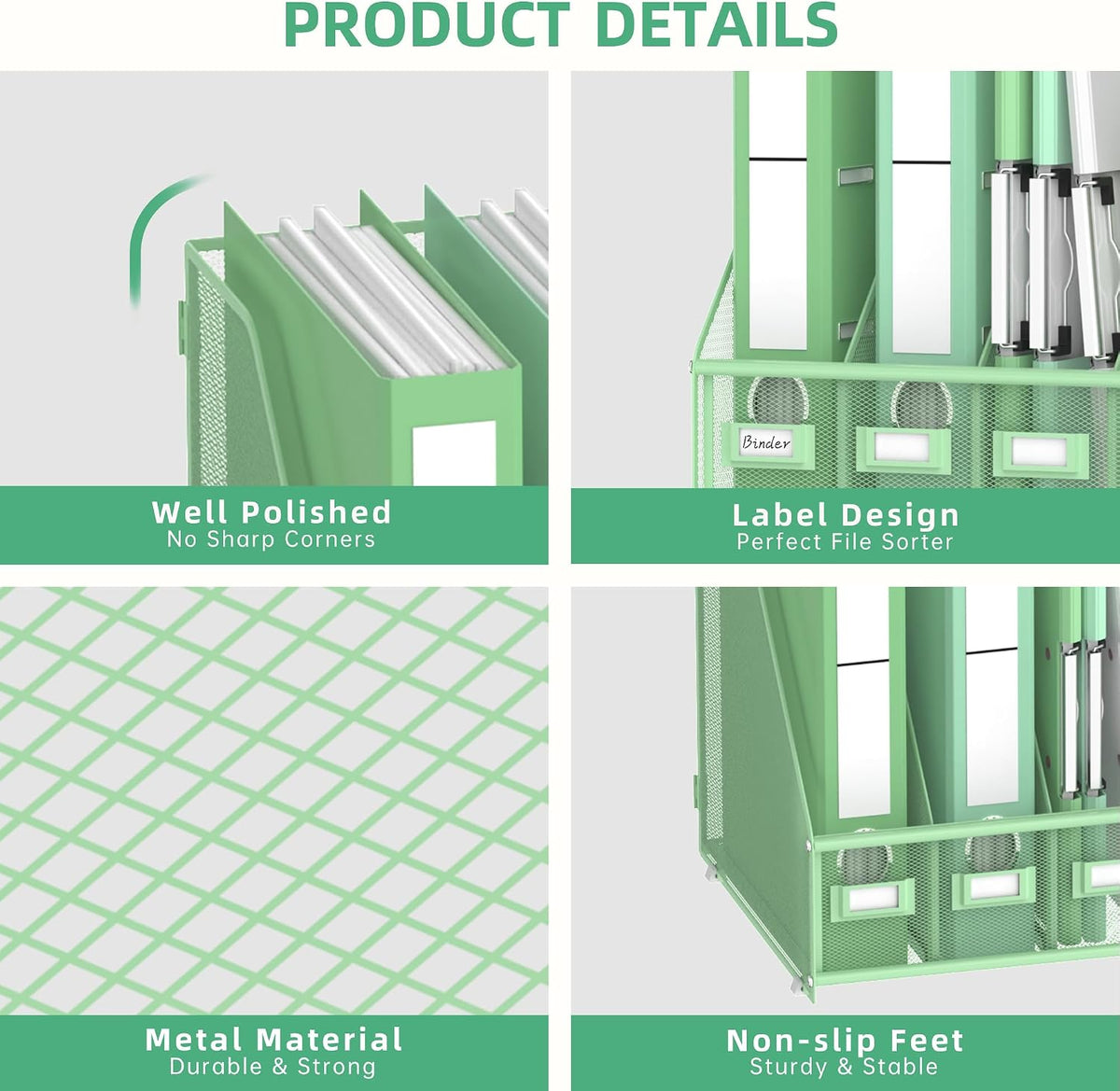 DALTACK 4-Slot Magazine File Holder, Metal Binder Holder, Mint Green | Iron Mesh Construction, Labeled Sections for