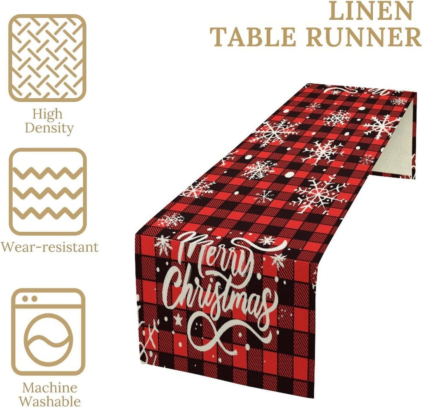 Xmas Linen Table Runner, Red and Black Buffalo Plaid Snowflake Merry Christmas Holiday Farmhouse Patterns Printed Linen