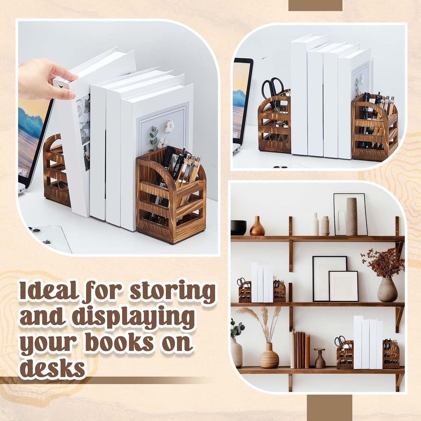 1 Pair in 1 Rustic Burnt Wooden Bookend / 2 Inch