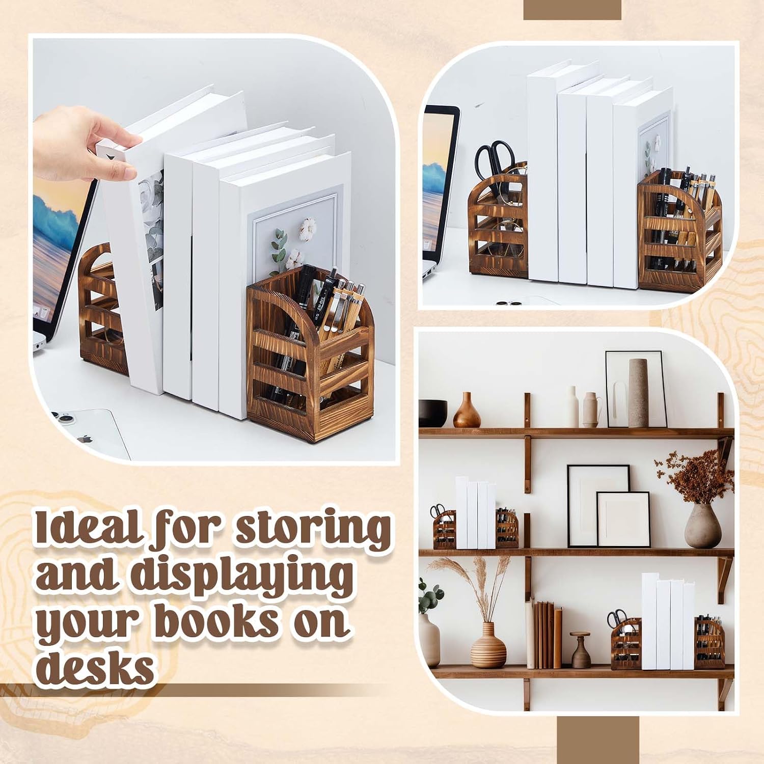 1 Pair in 1 Rustic Burnt Wooden Bookend / 2 Inch
