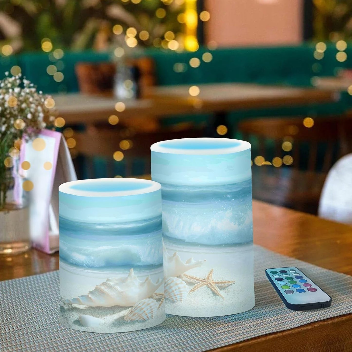 Flickering Flameless Candles, Shells Summer Sandy Beach LED Candles with Remote Timer, Set of 2 Battery Operated Candle