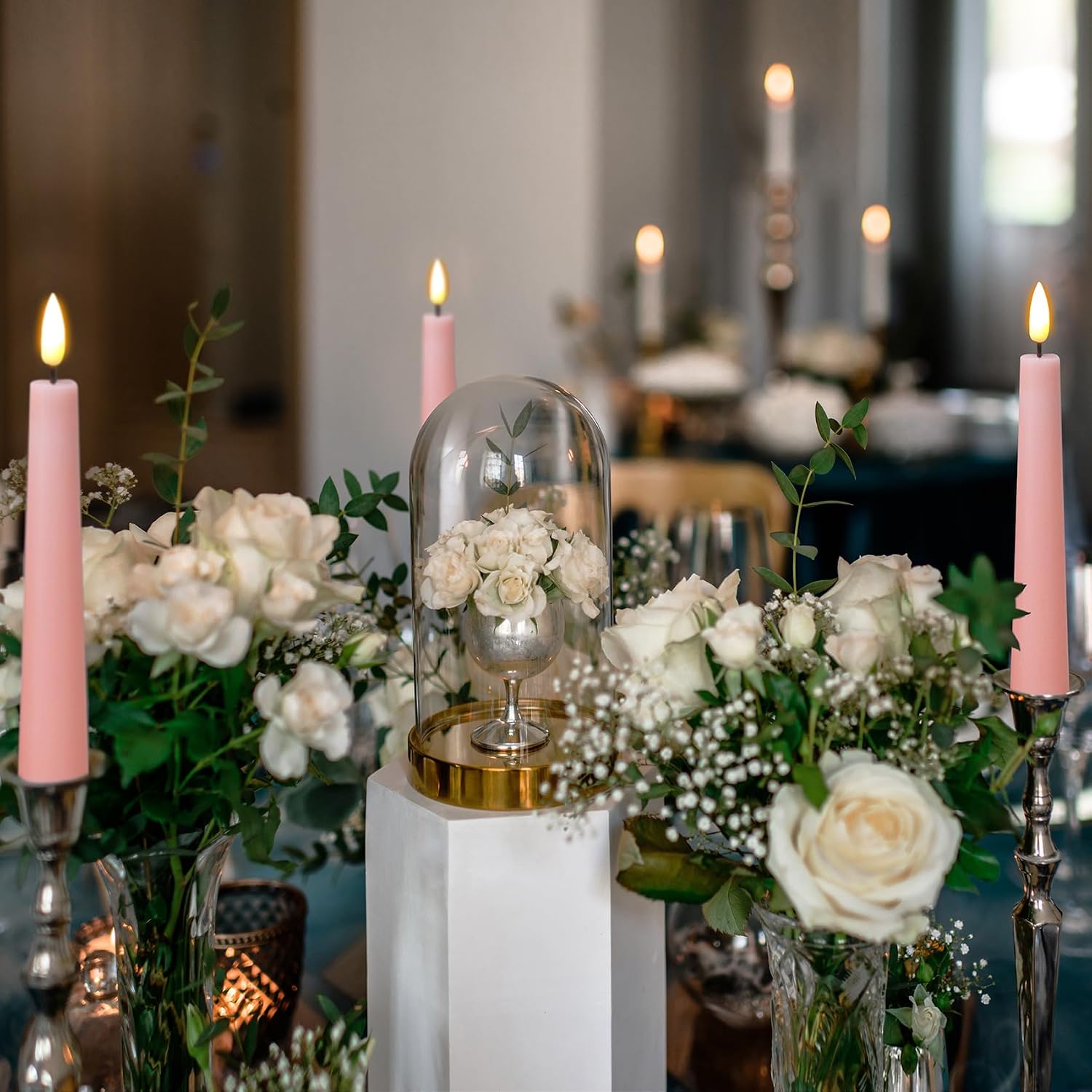 Short Pink Flameless Taper Candles with Remote Set of 6 | Flickering LED Candlesticks, Real Wax Coating, 2 AAA Battery