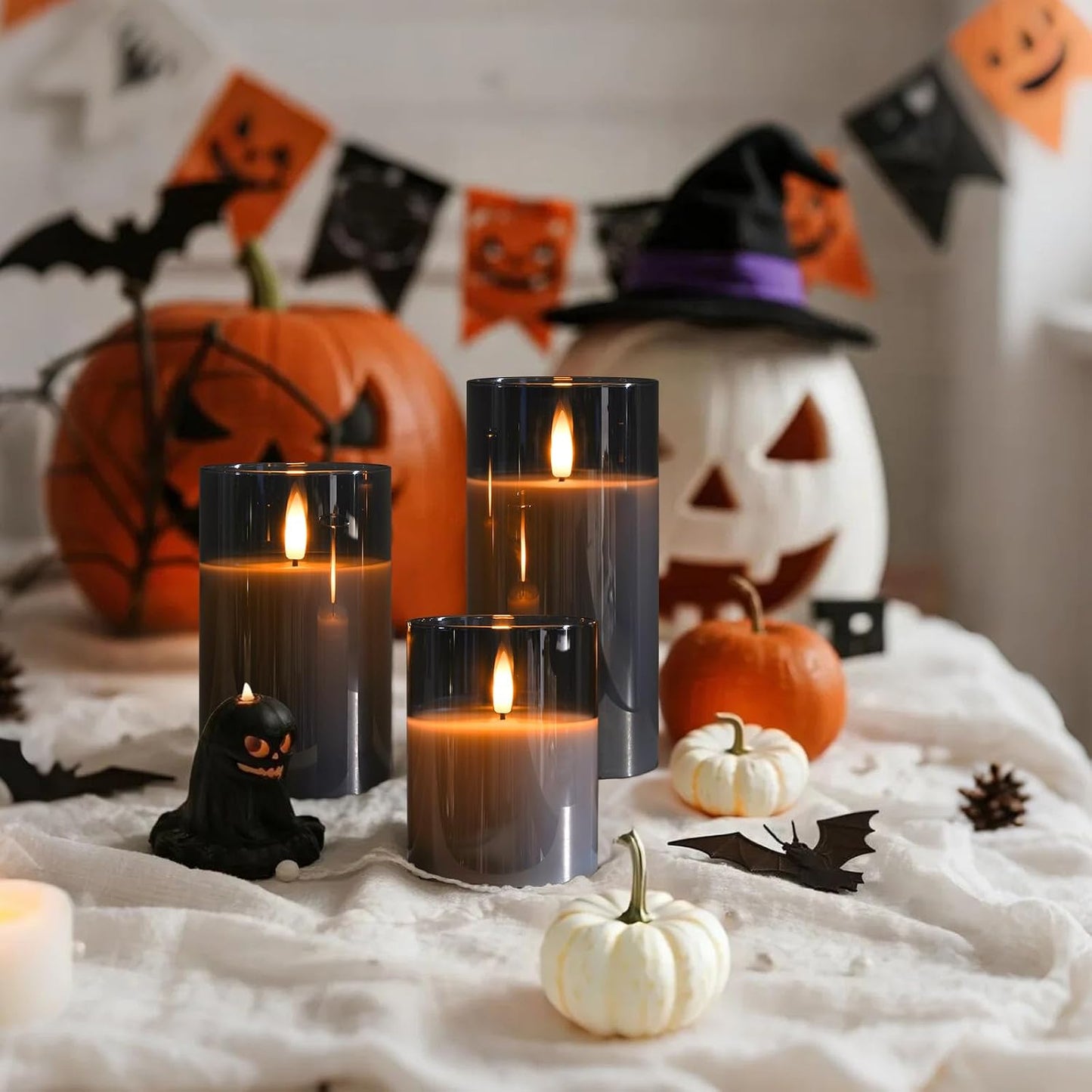 Amagic Gray Glass Flameless LED Candles Battery Operated with Remote Timer | Real Wax Pillar Electric Candle